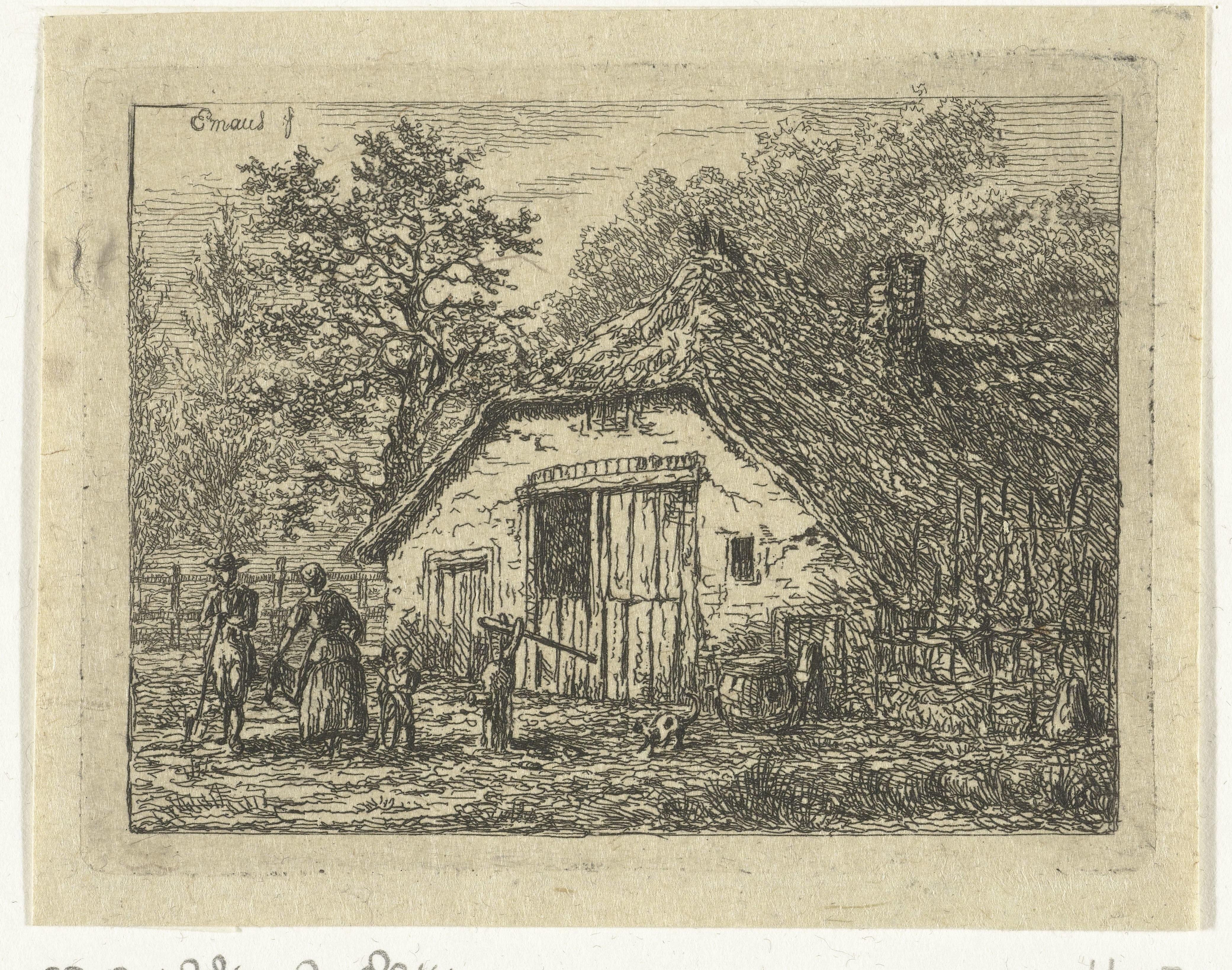 Gezin bij plaggenhut