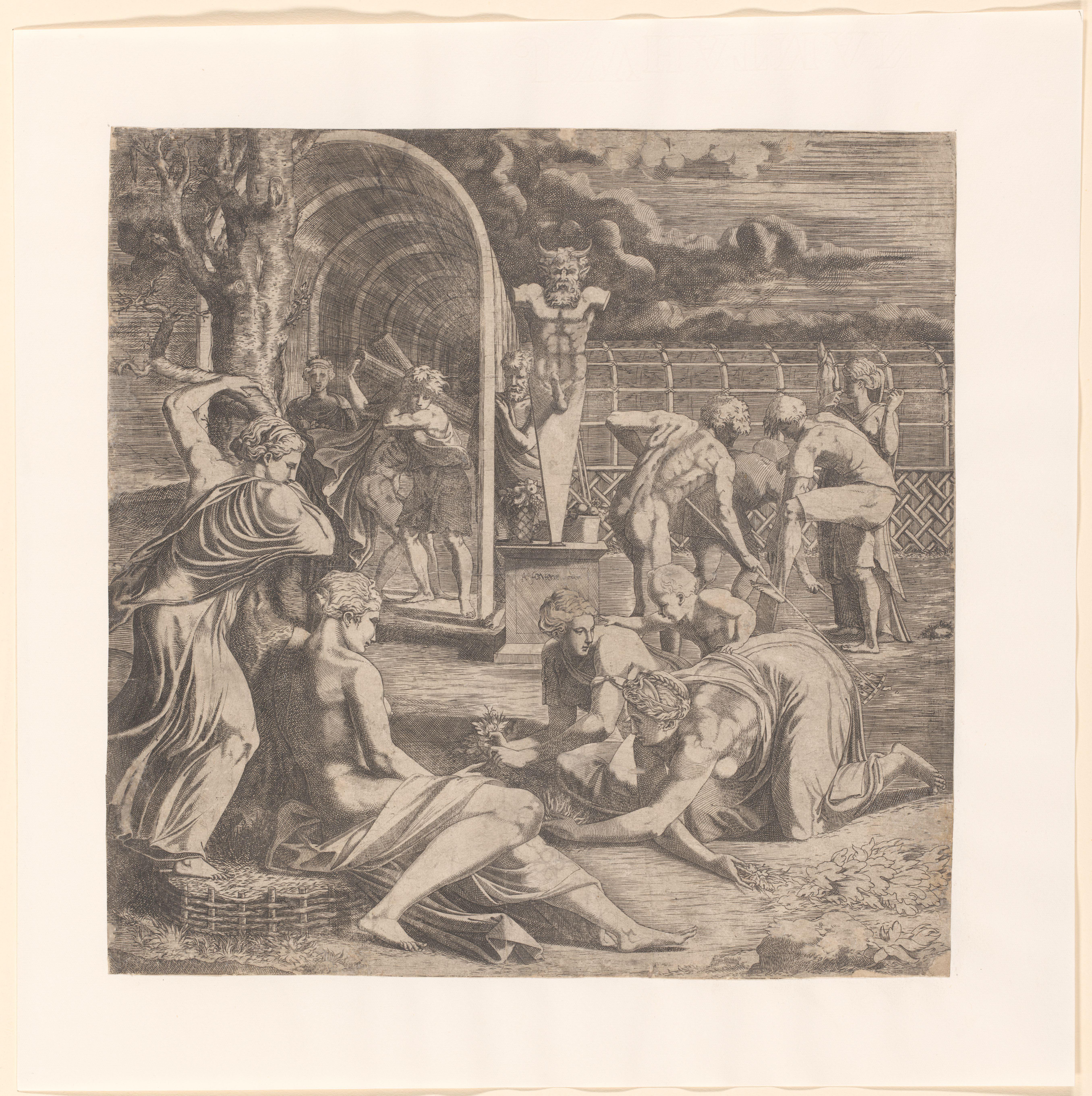 Figuren verzorgen een tuin met een beeld van Priapus
