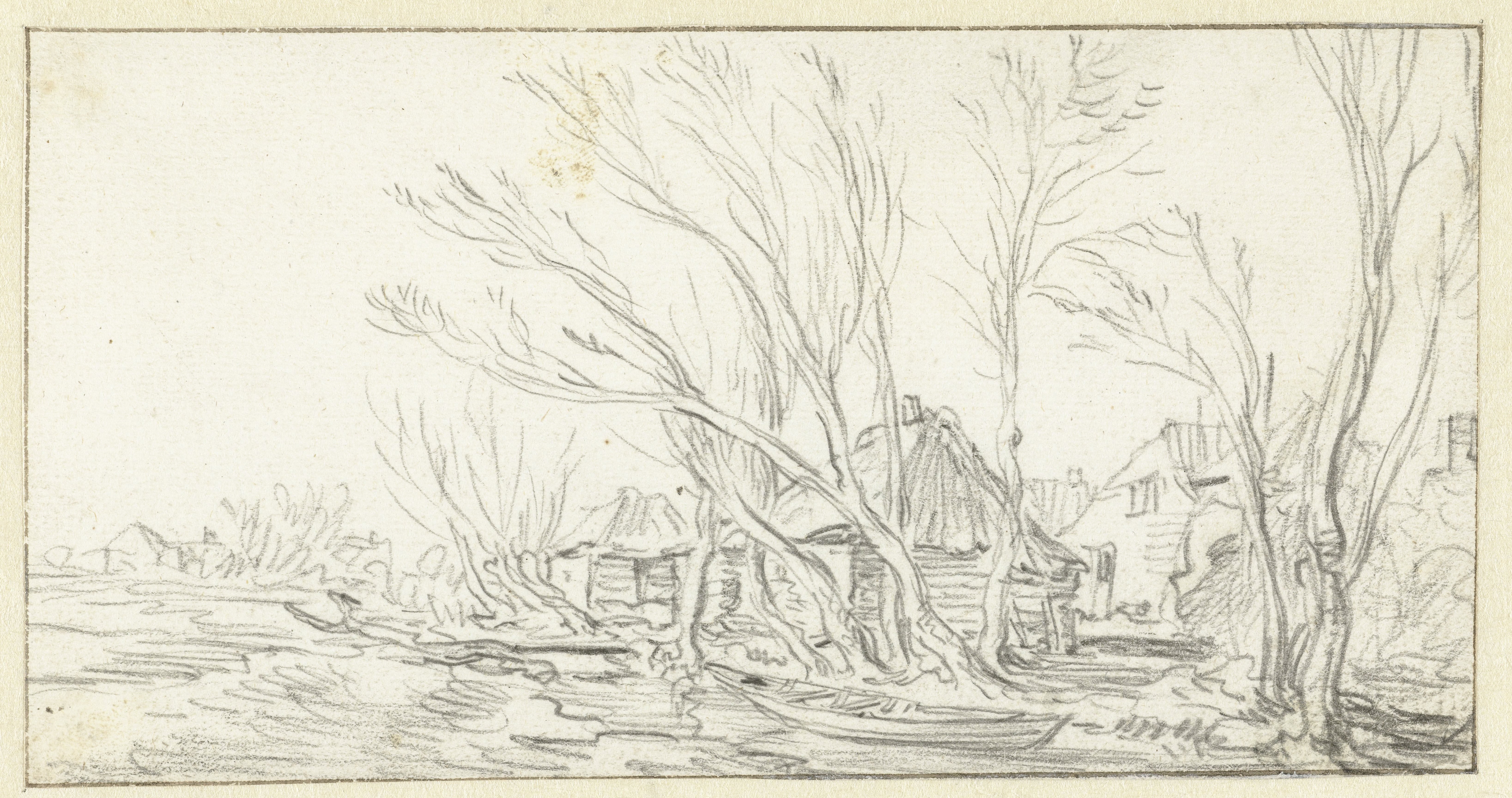 Landschap met kromme kale bomen voor boerderijen
