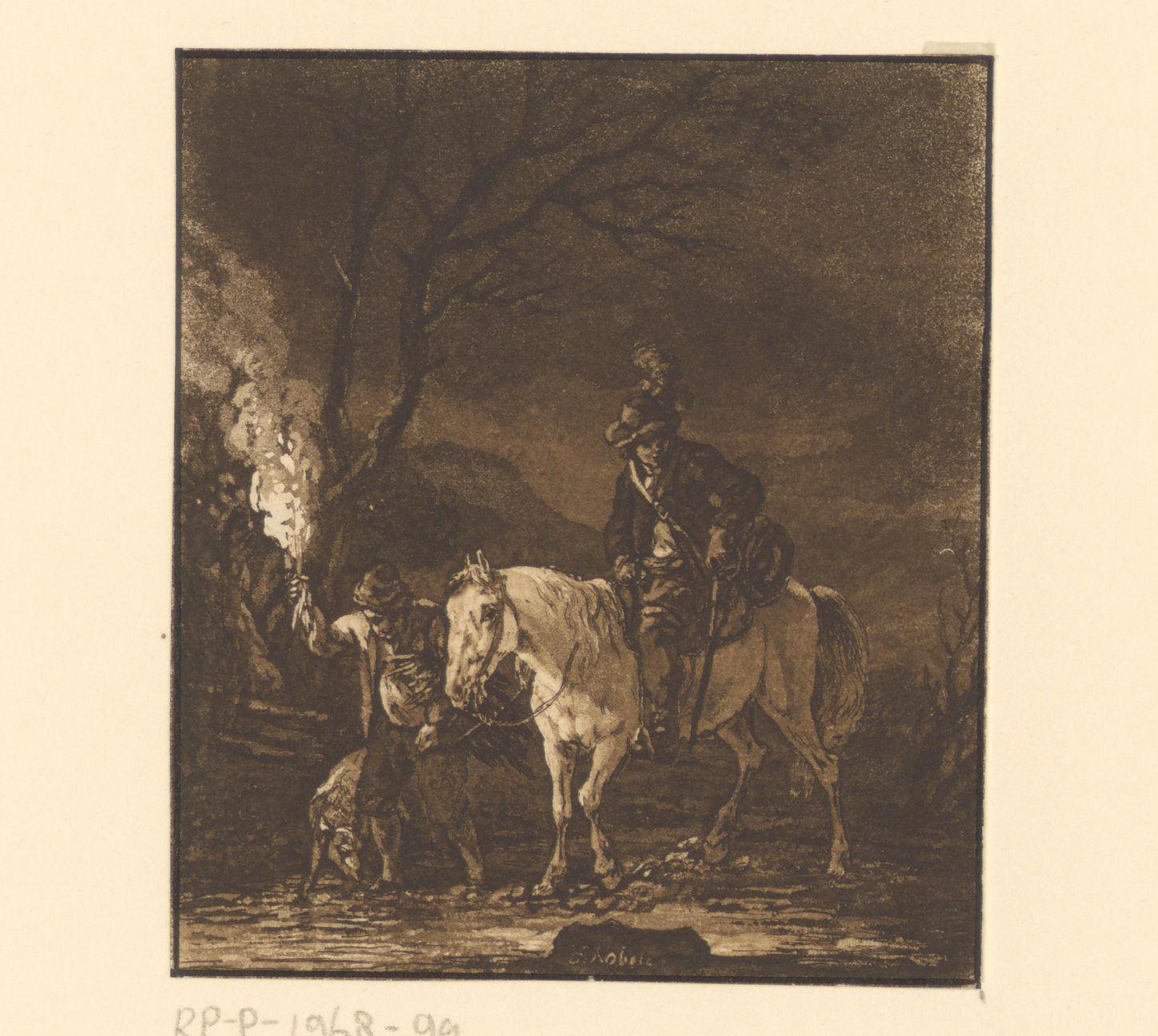 Man te paard en figuur met een fakkel waden door het water