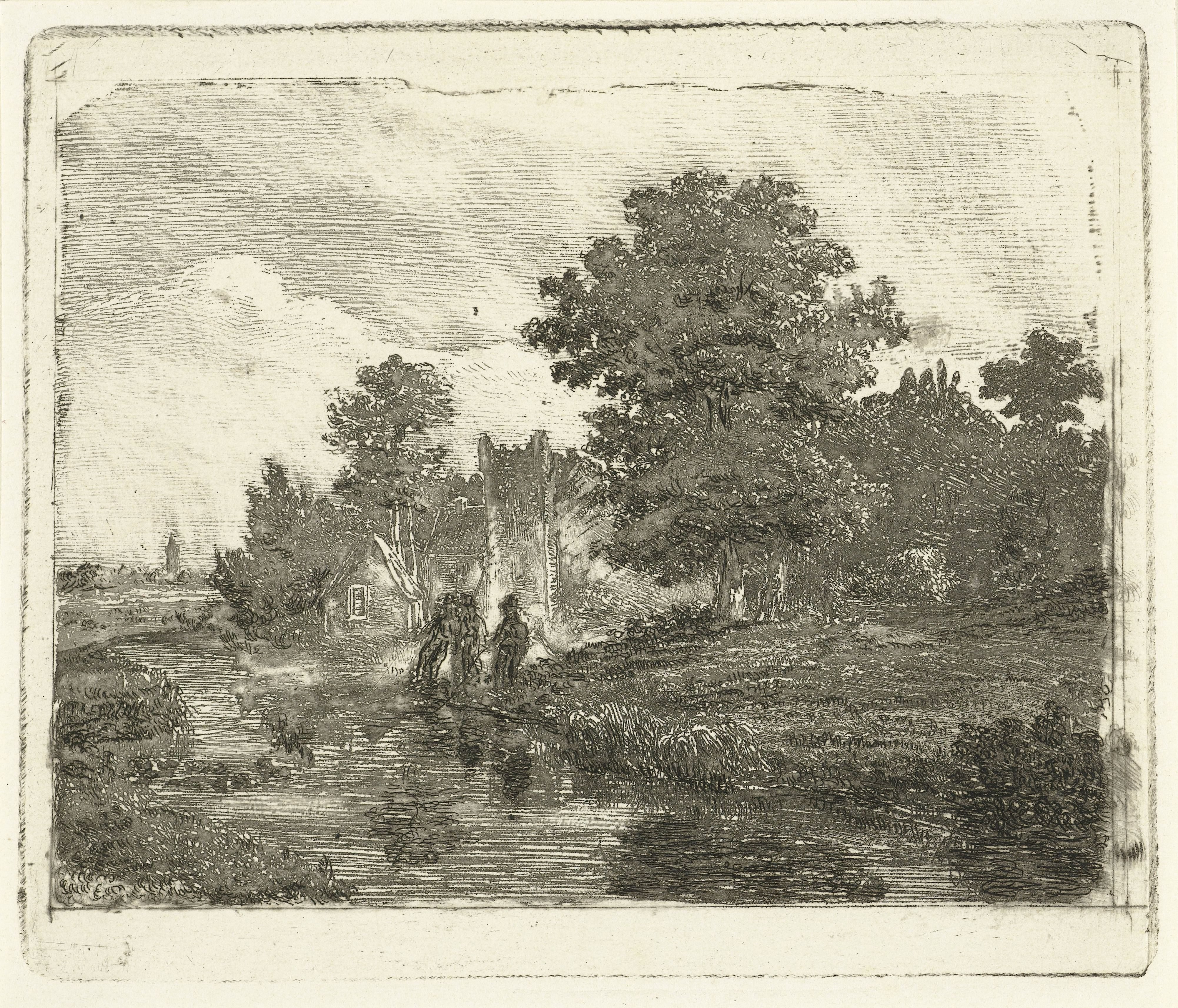 Landschap met een rivier en drie vissende mannen aan de waterkant