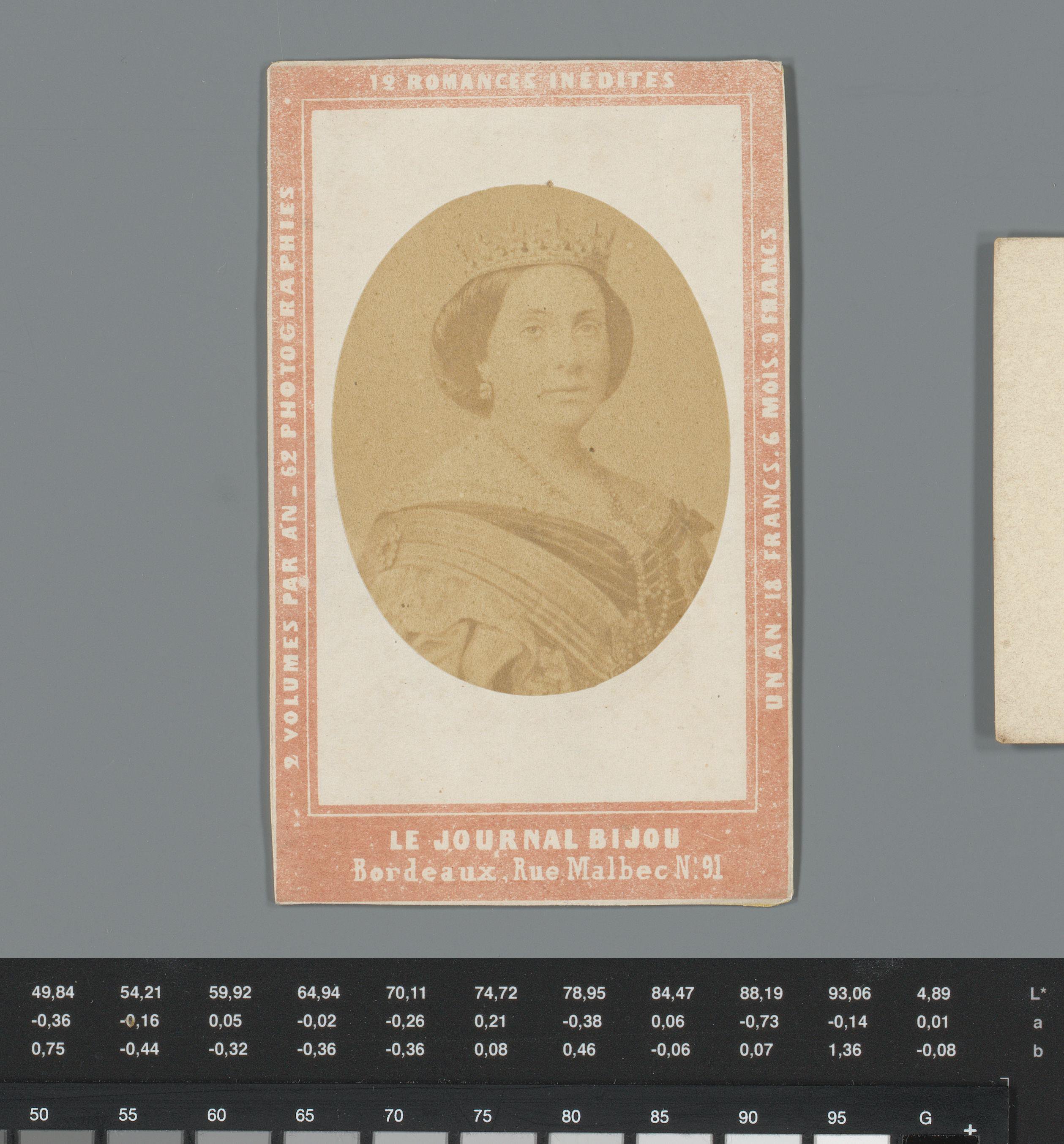 Reclame voor Le Journal Bijou met portret van Isabella II van Spanje