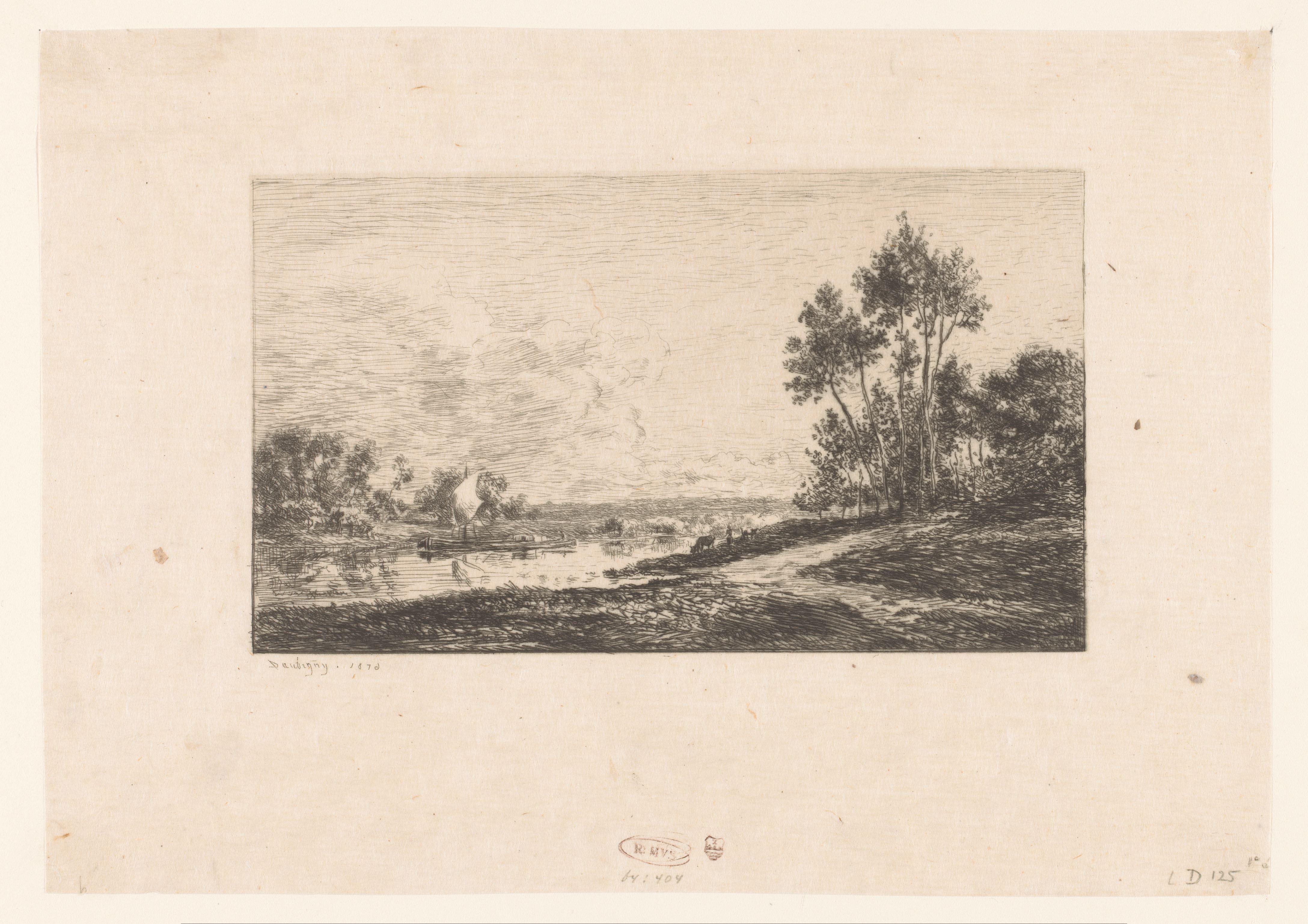 Landschap met zicht op een rivier met boot