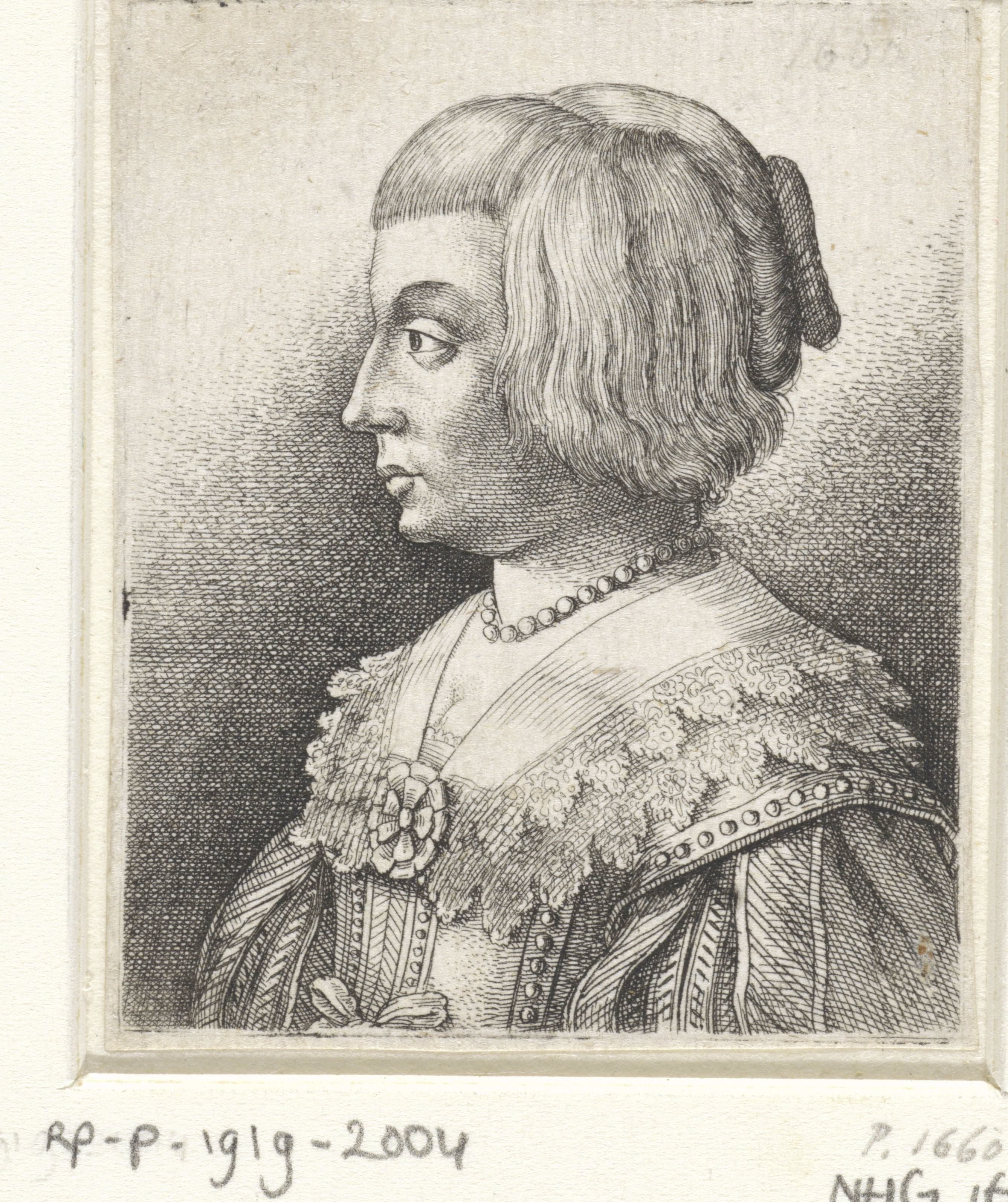 Portret van een jonge vrouw met kraag en rozet