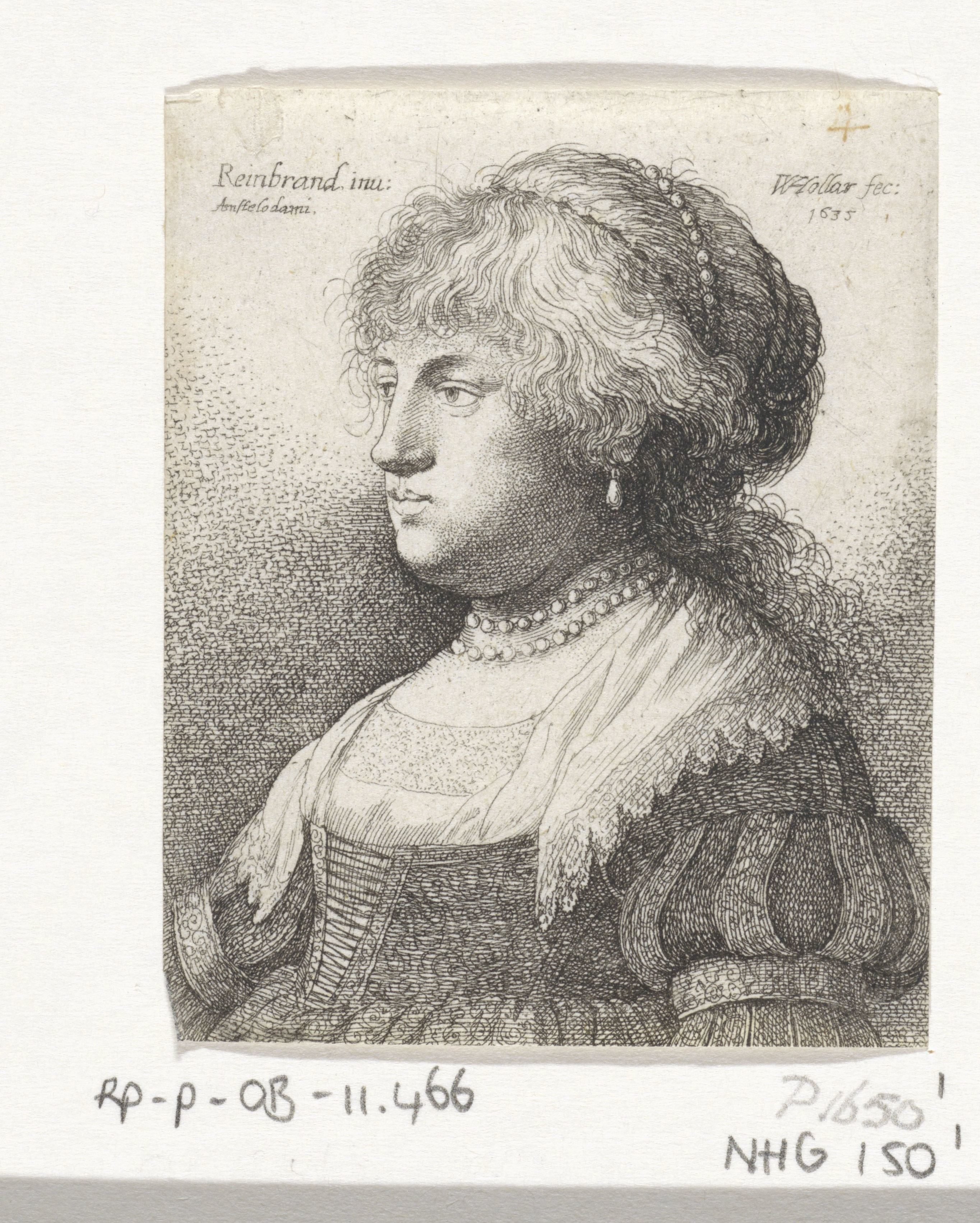 Portret van Saskia met een parelsnoer in het haar
