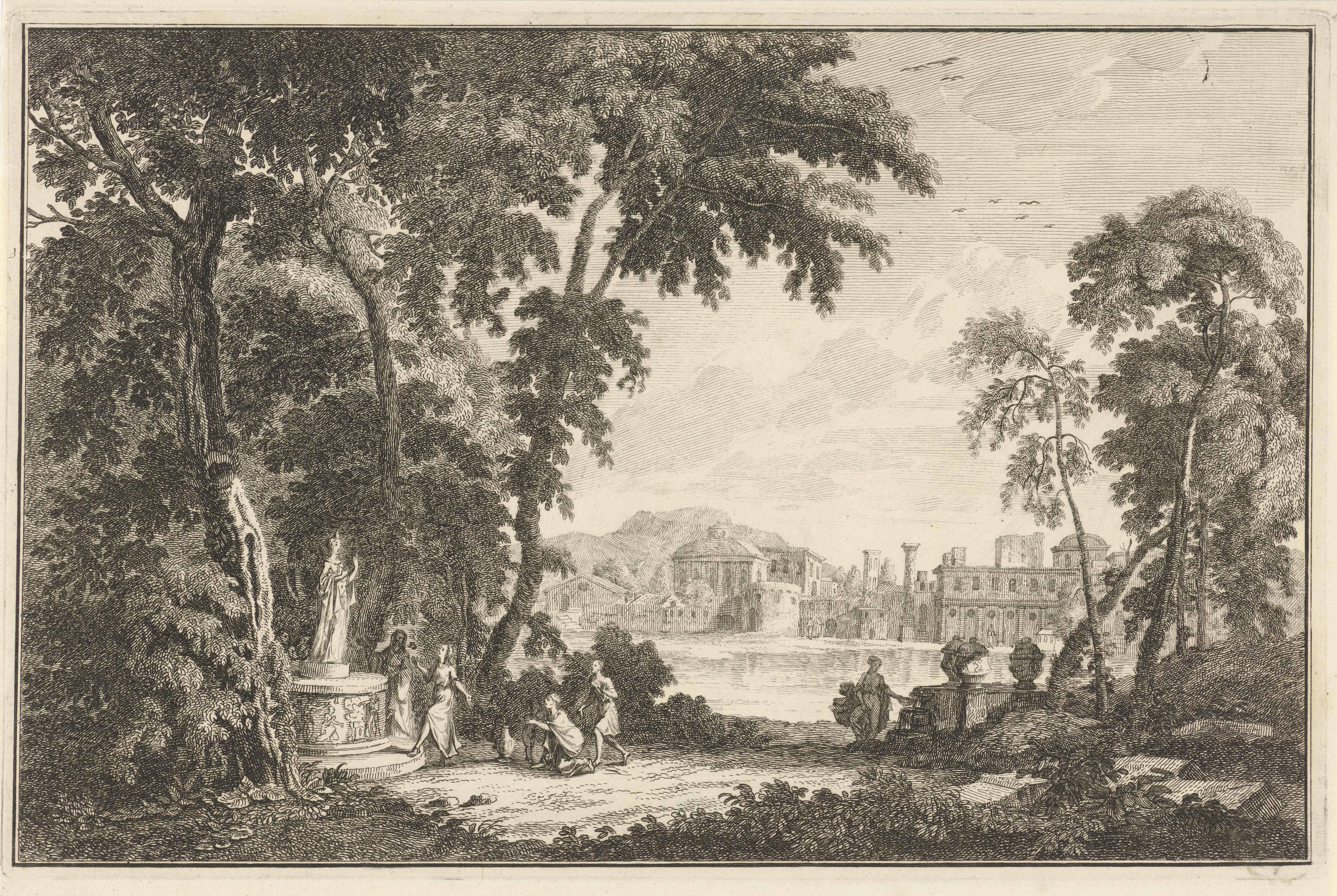 Arcadisch rivierlandschap met figuren die een beeld aanbidden