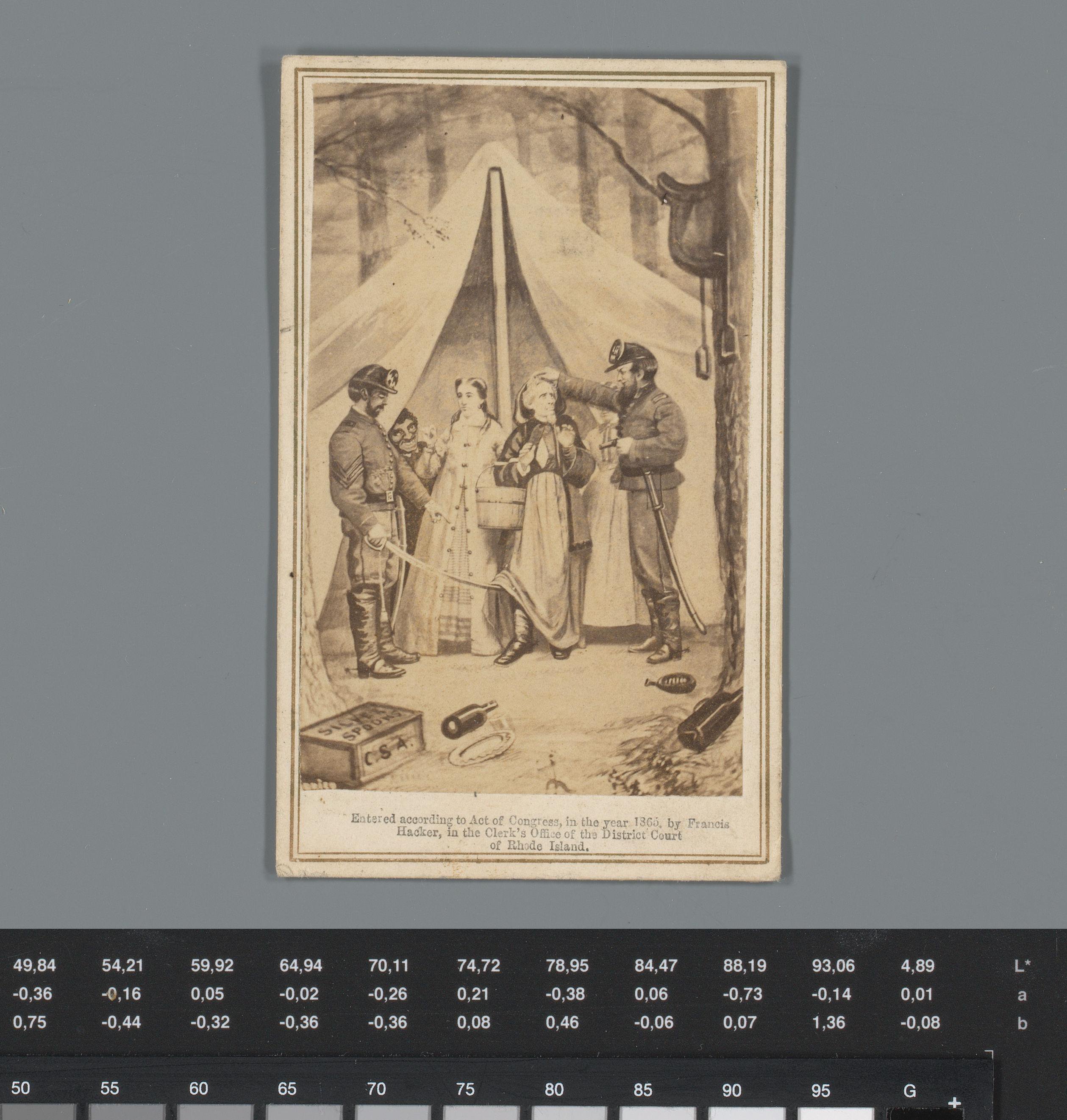 Reclame voor patentmiddel tegen cholera met reproductie van een prent van Jefferson Finis Davis gekleed als vrouw terwijl hij ontdekt wordt door de Union Army