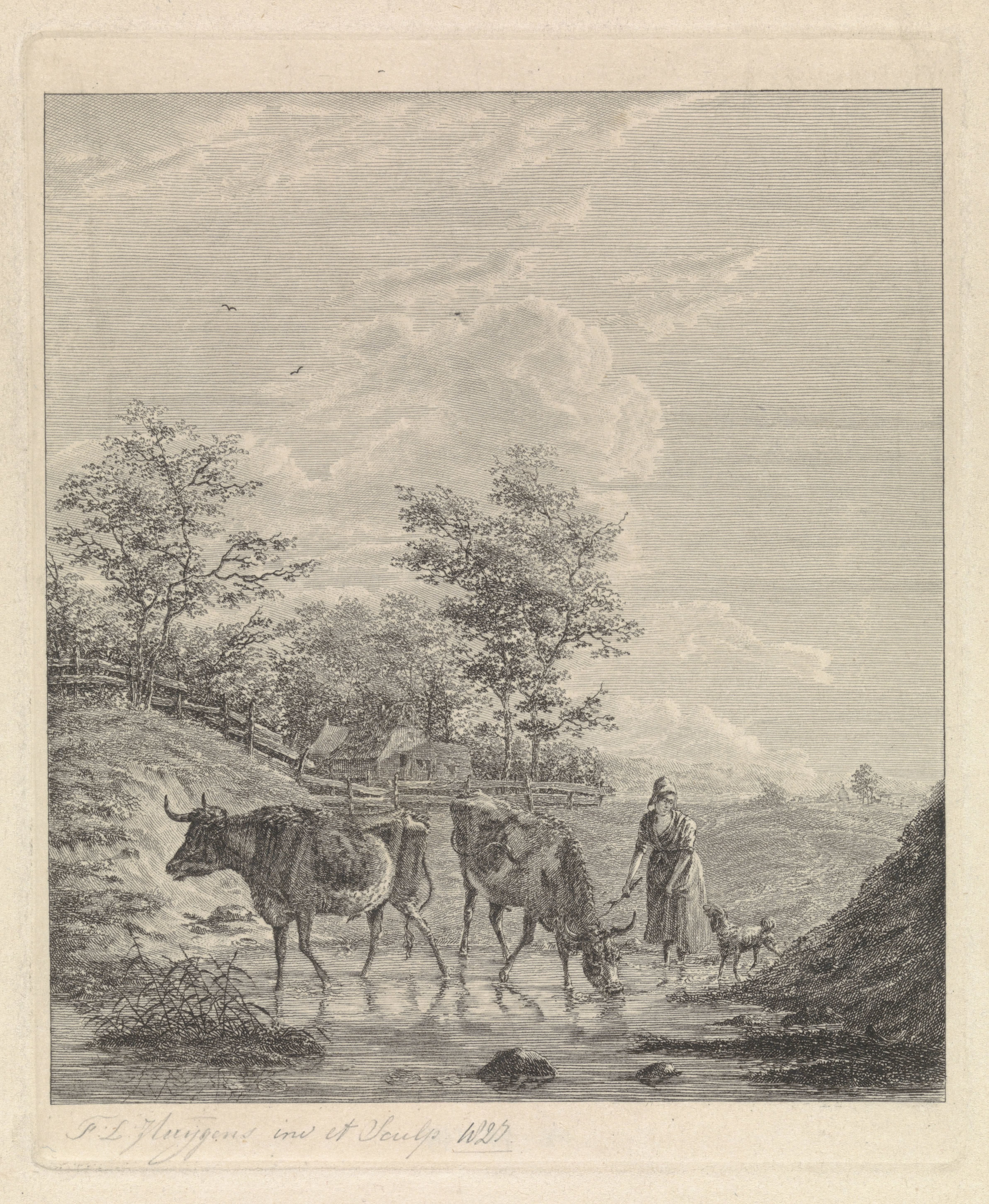Boerin en koeien in landschap