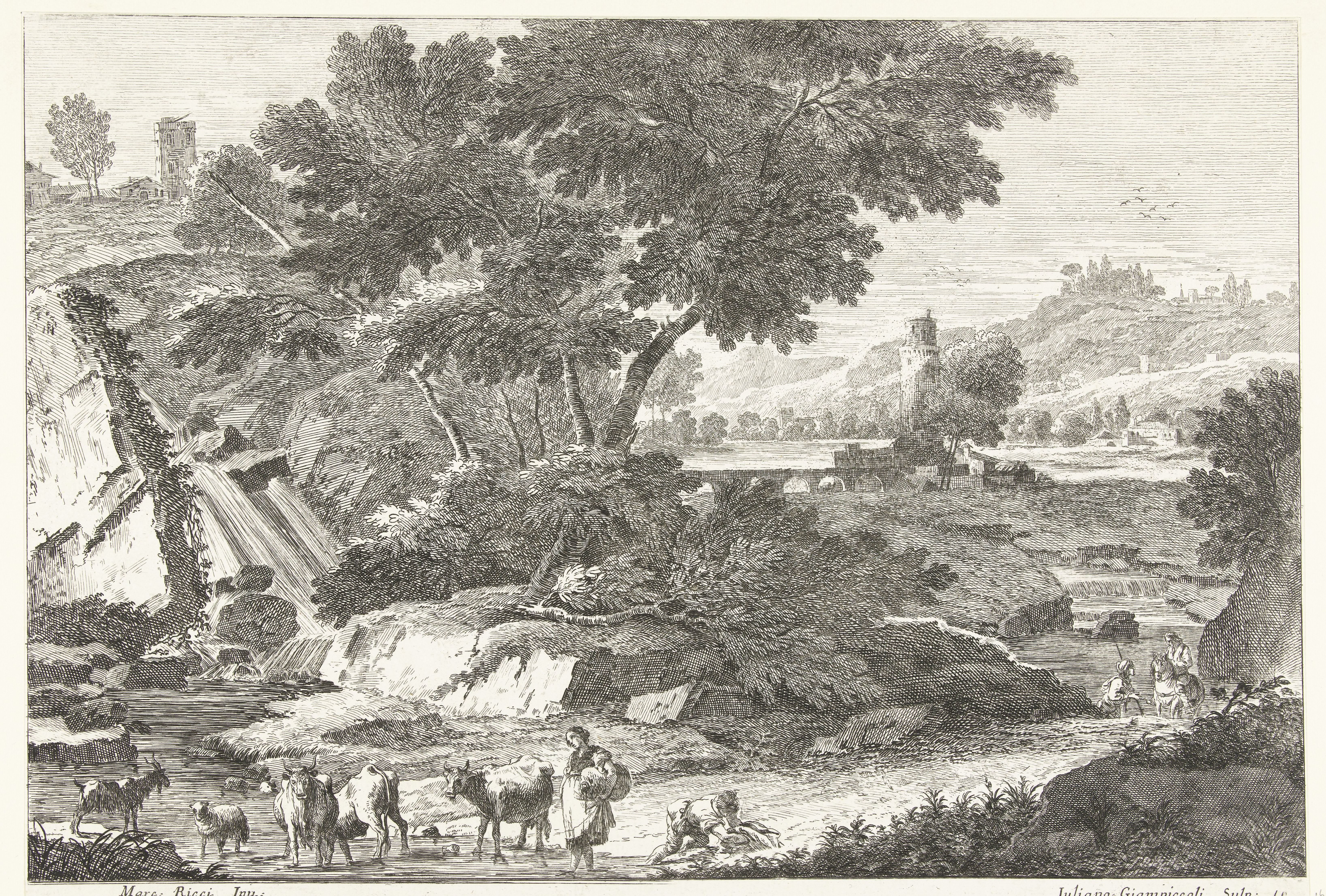 Landschap met herders en vee bij waterval