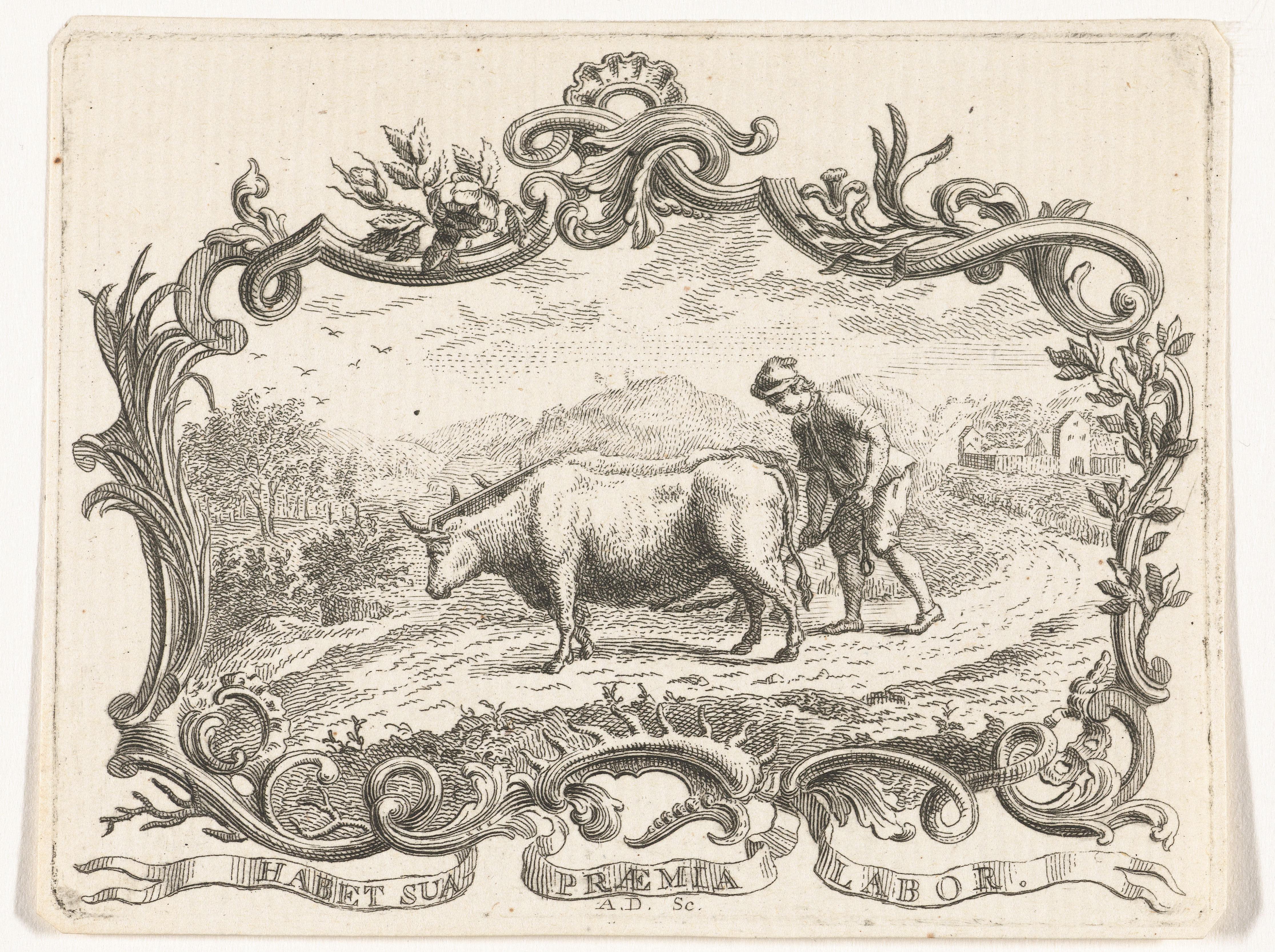 Boer die een akker ploegt met twee ossen, in cartouche