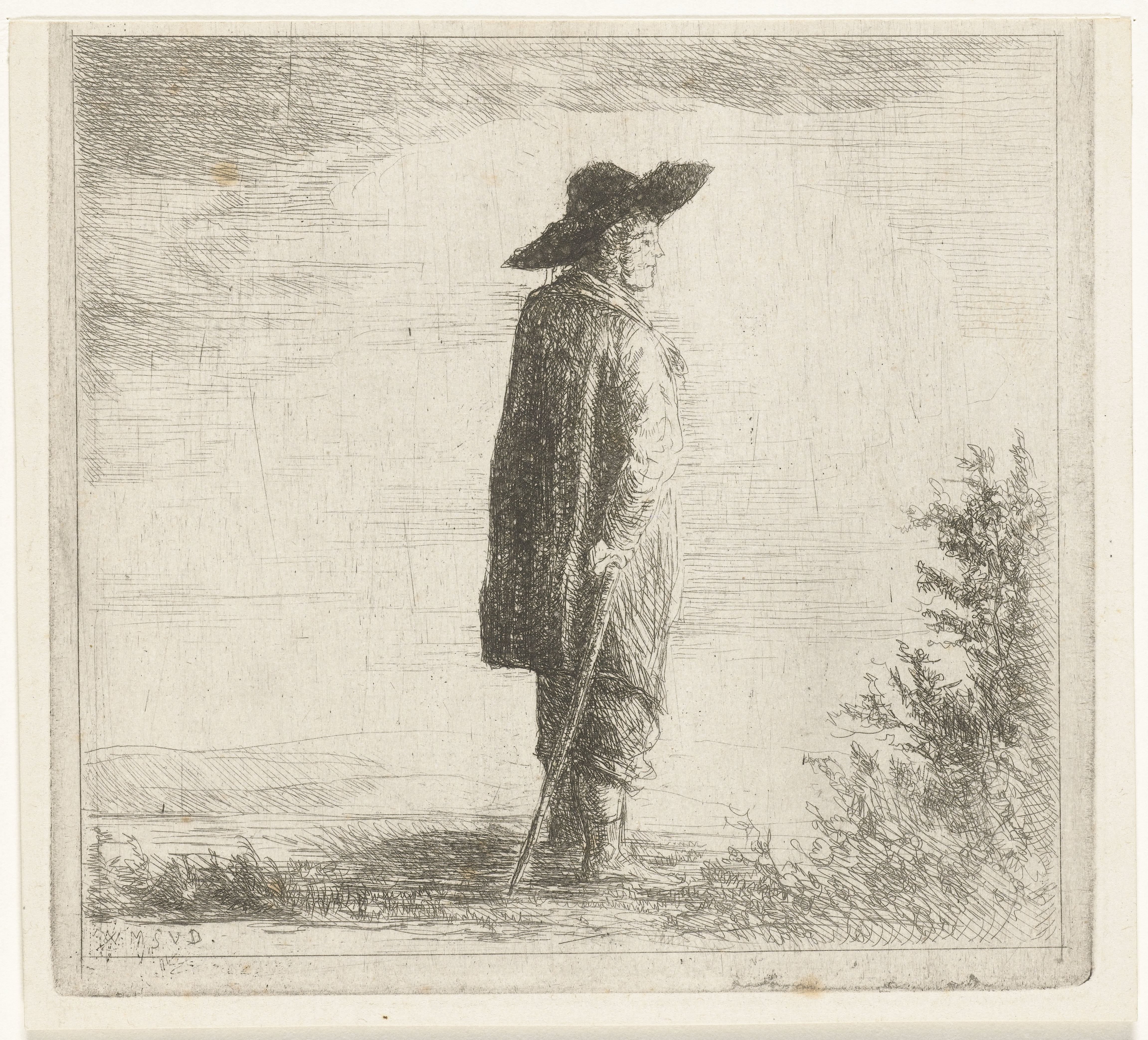 Man met hoed en stok in landschap