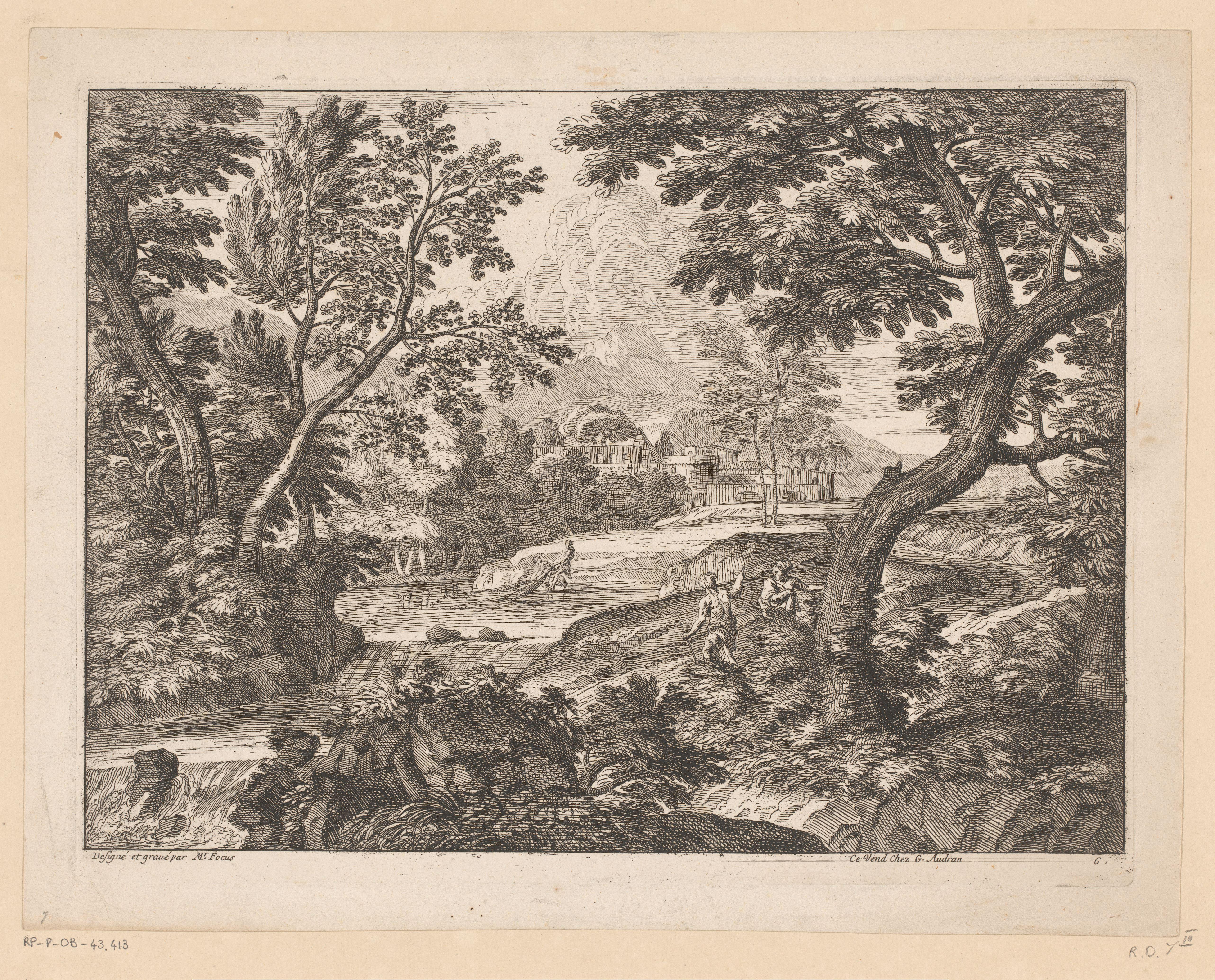 Rivierlandschap met vissers met netten