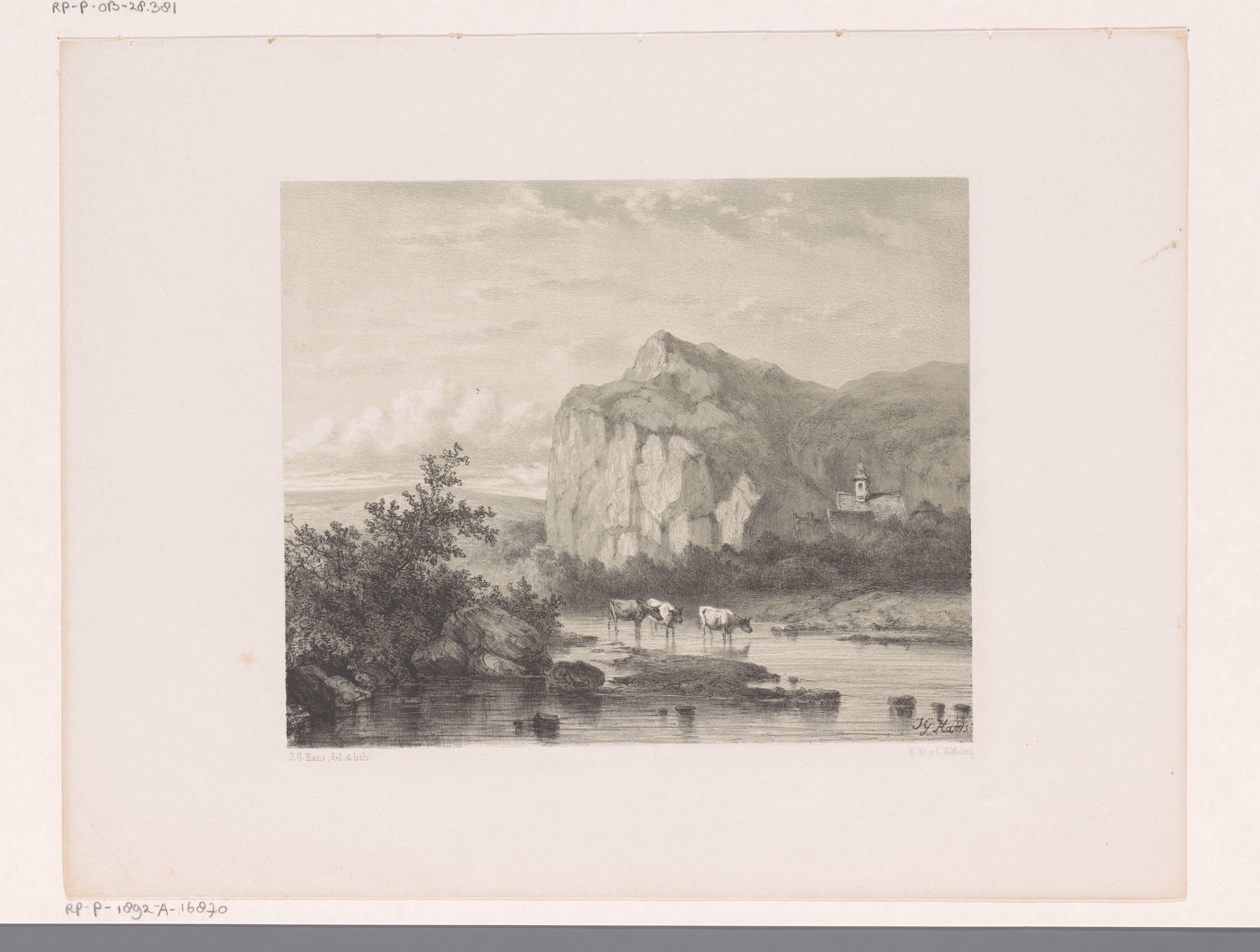 Bergachtig landschap met drie koeien in het water