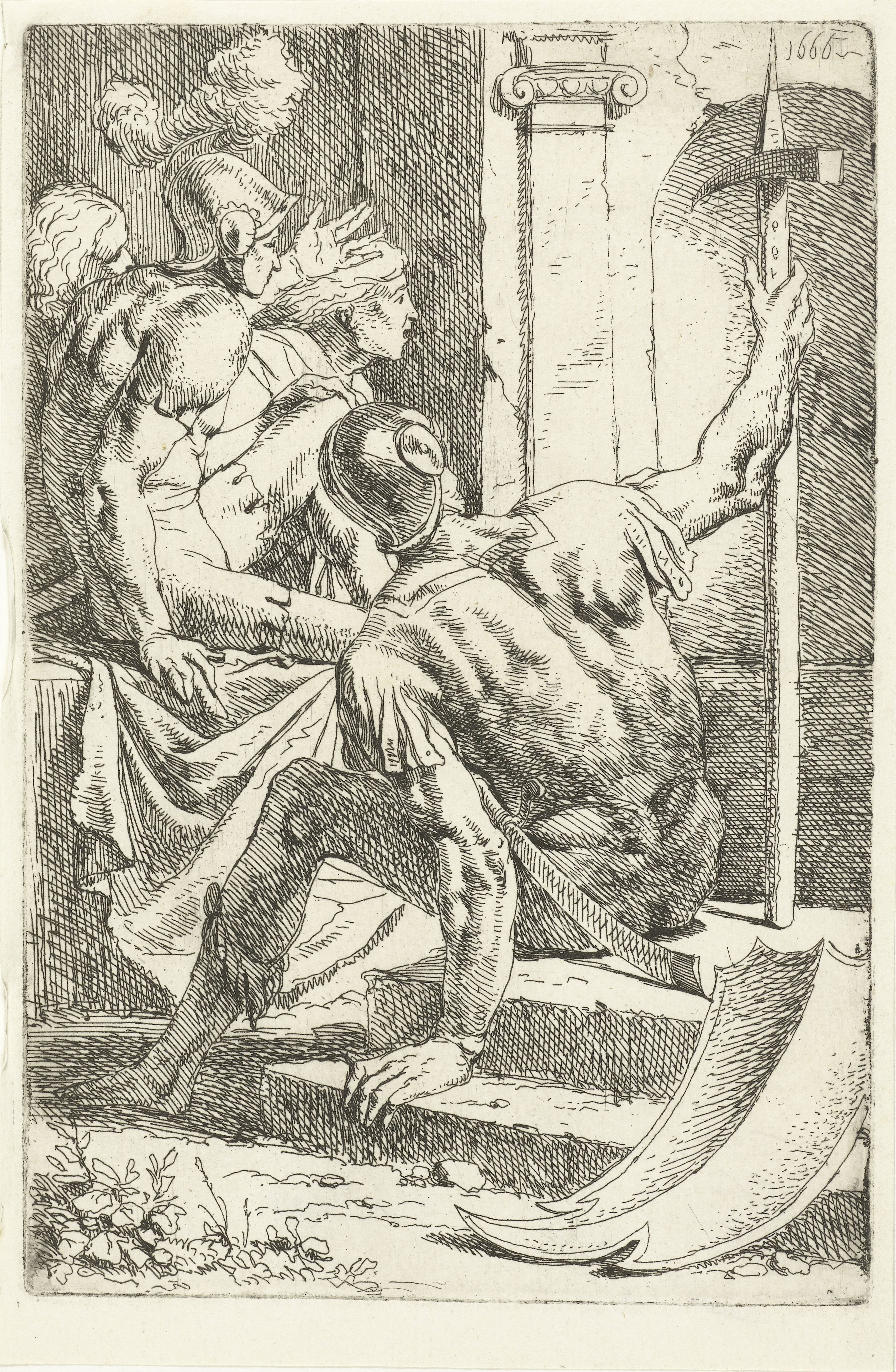 Romeinse soldaat met hellebaard, zittend