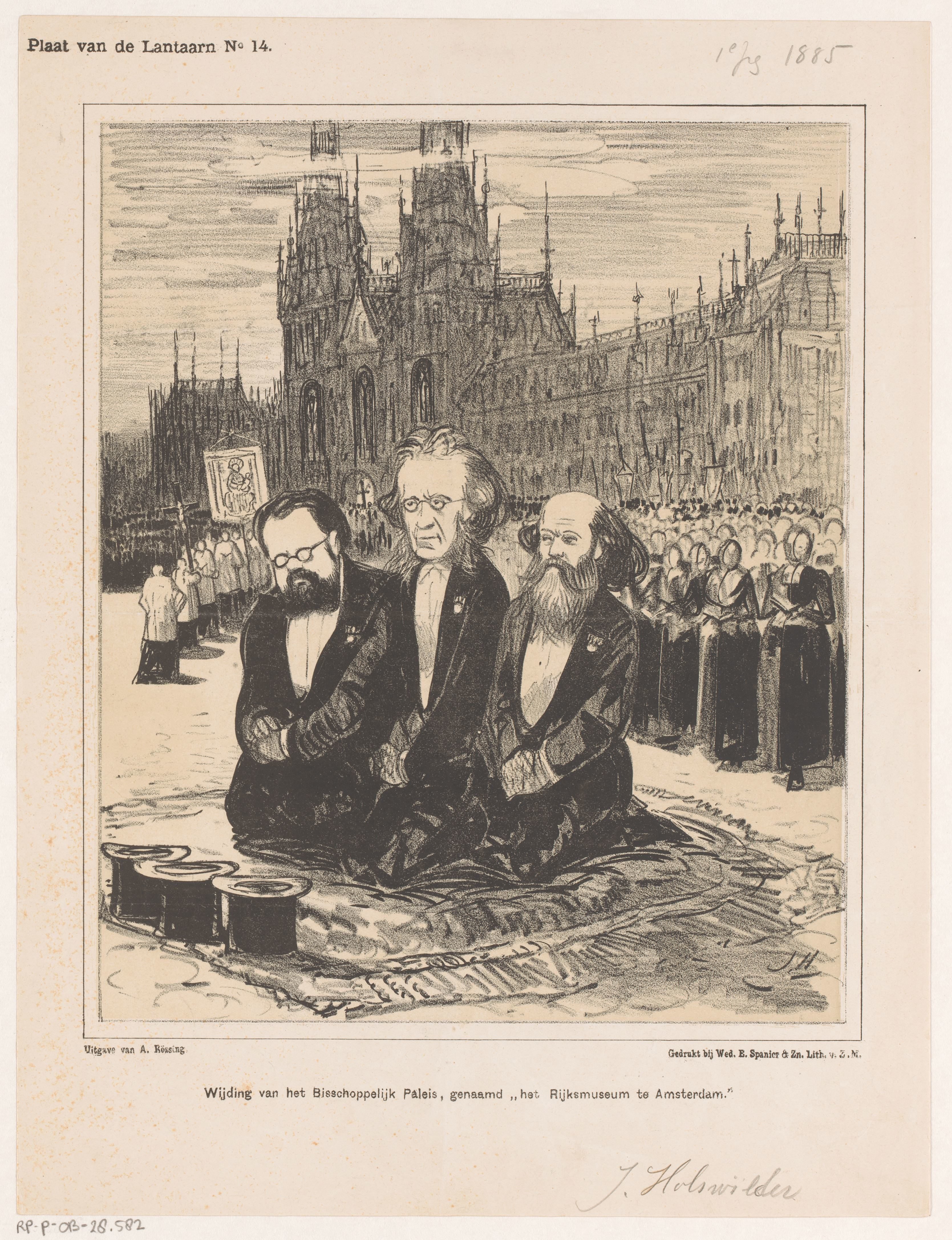 Spotprent met Victor de Stuers, Josephus Alberdingk Thijm en Pierre Cuypers voor het Rijksmuseum