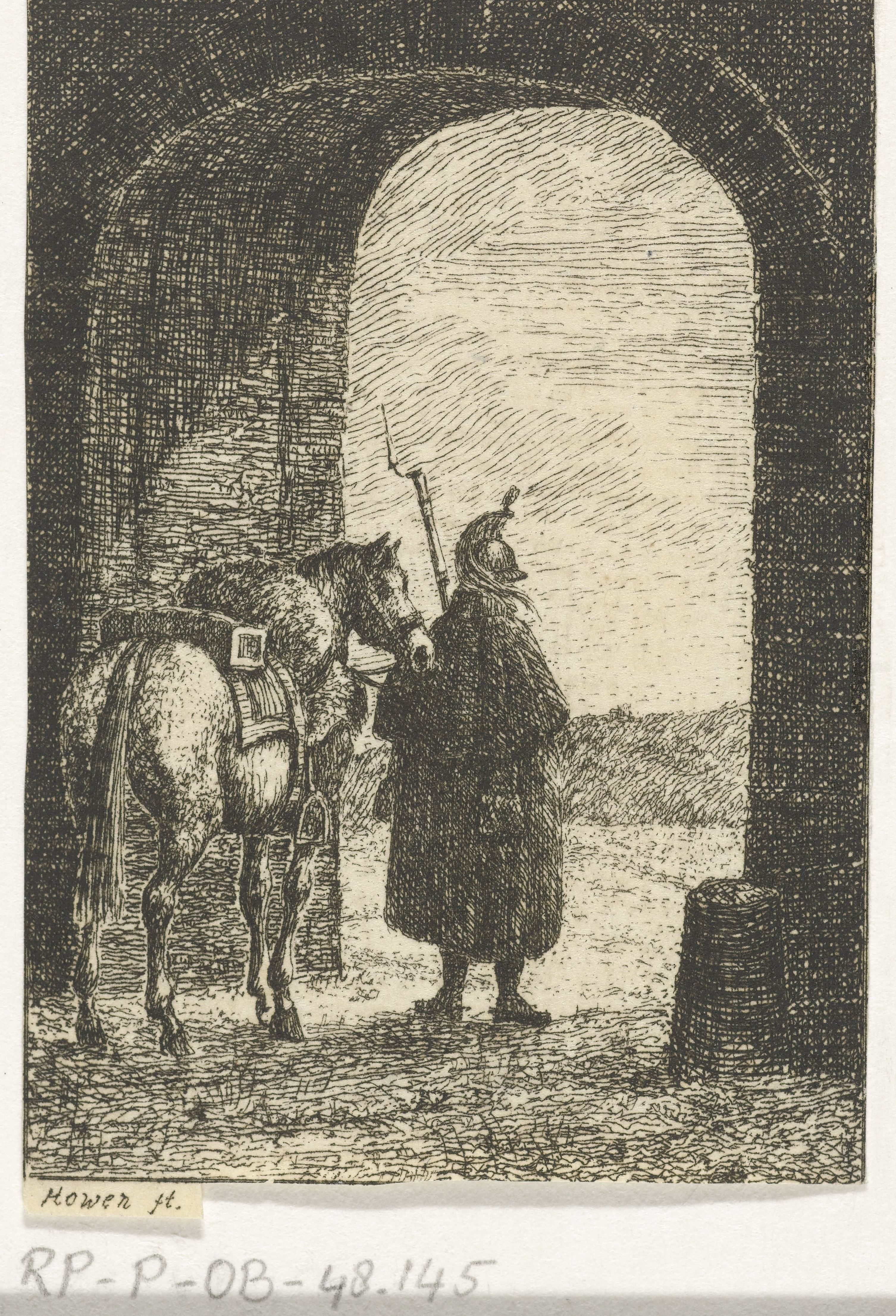Soldaat met paard in een poort
