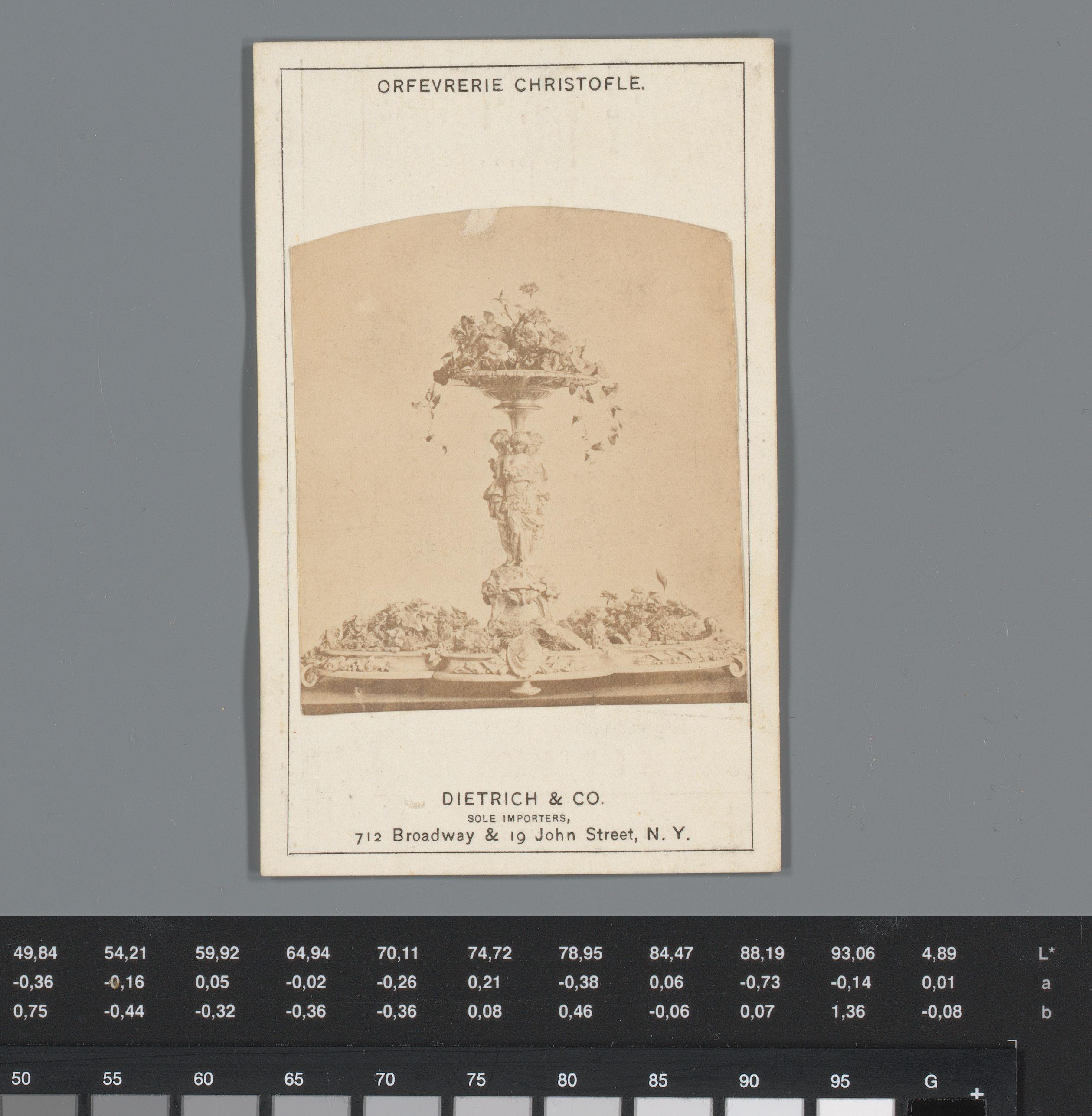 Reclame voor geïmporteerd servieswaar van Ofrevrerie Christofle te New York, met gezicht op een tafelstuk met bloemen en schaal
