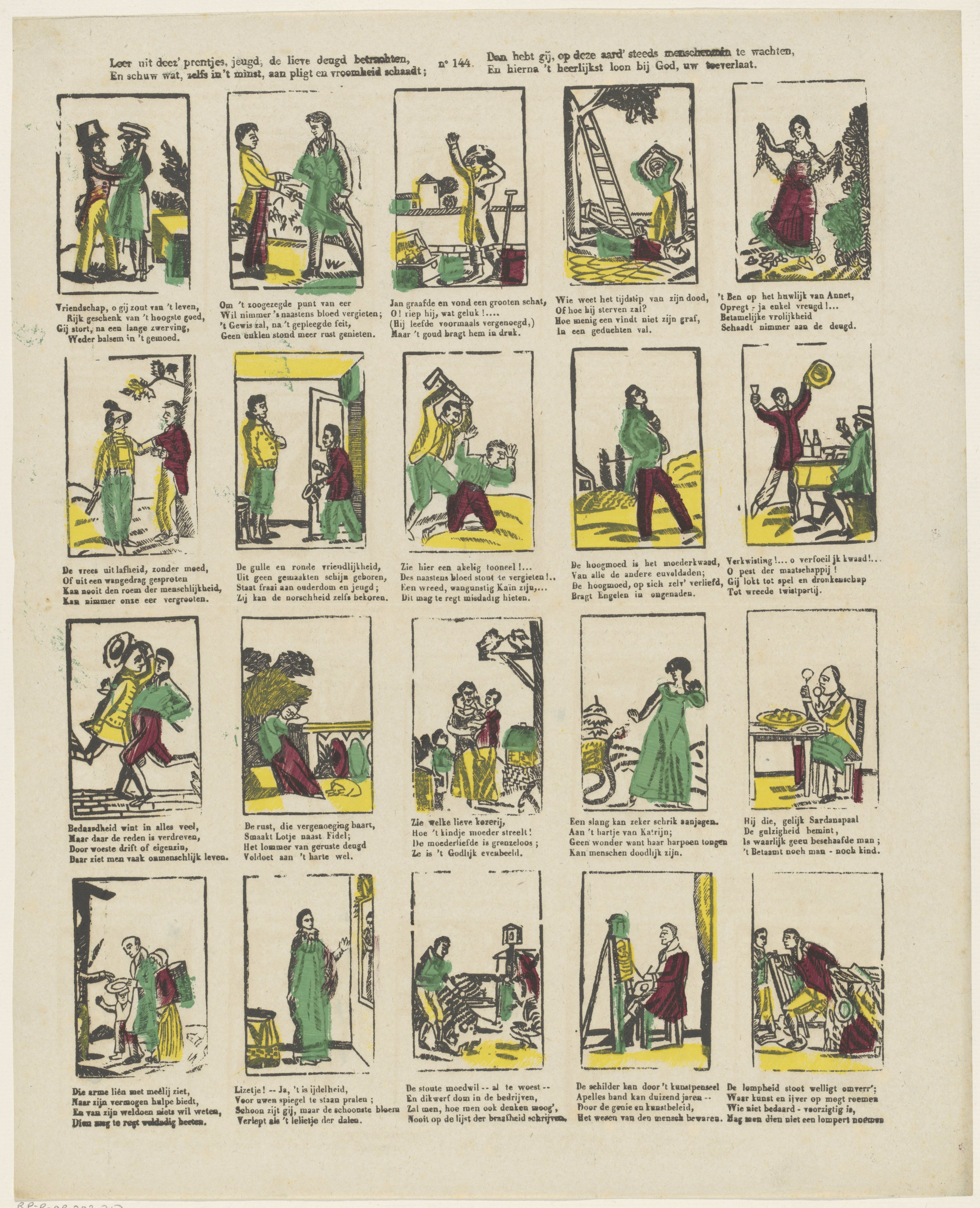 Leer uit deez' prentjes, jeugd, de lieve deugd betrachten, / En schuw wat, zelfs in 't minst, aen pligt en vroomheid schaedt; / Dan hebt gy, op deze aerd' steeds menschenmin te wachten, / En hierna 't heerlykst loon by God, uw toeverlaet