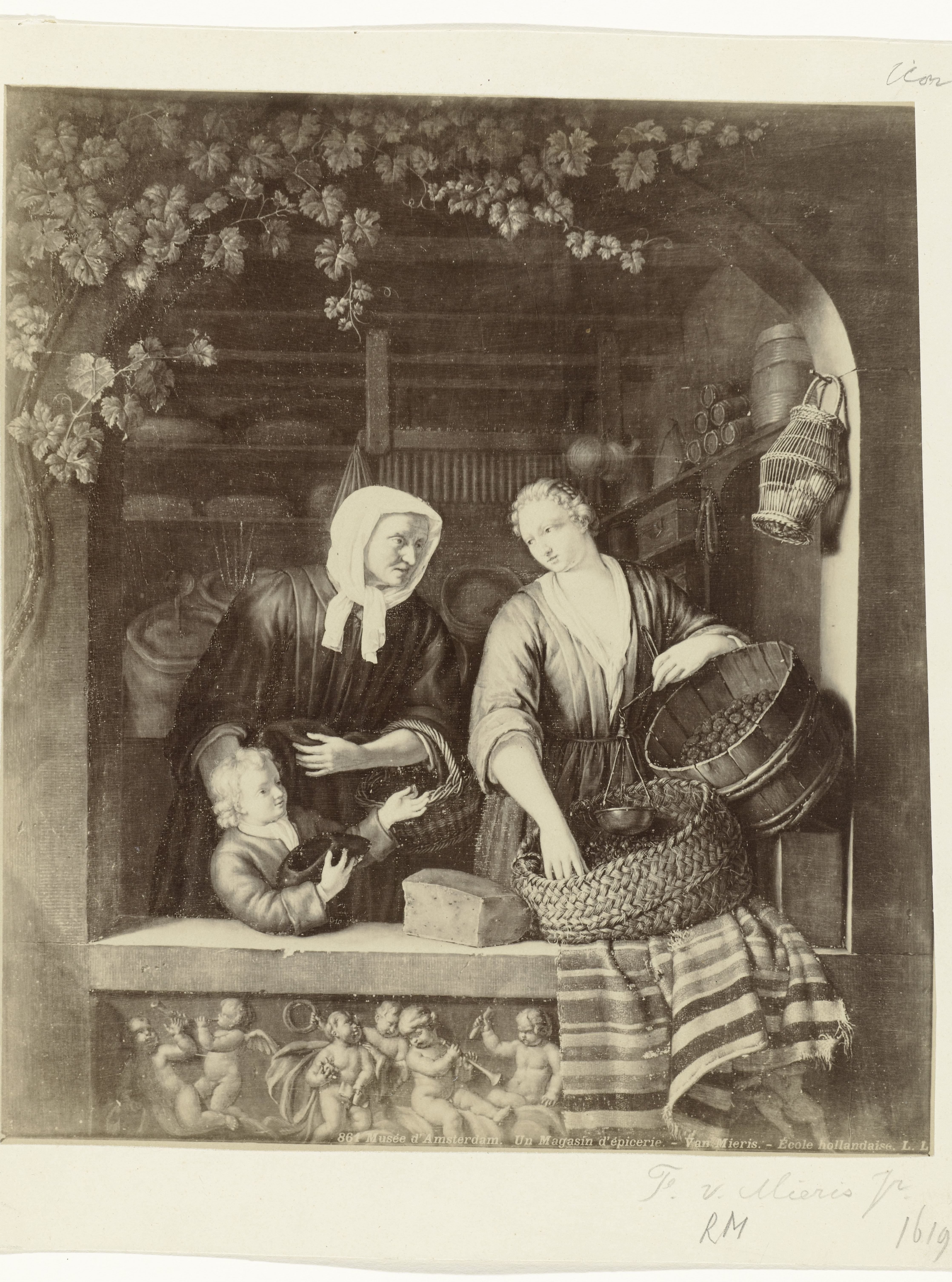 Fotoreproductie van het schilderij De kruidenierster door Frans van Mieris II