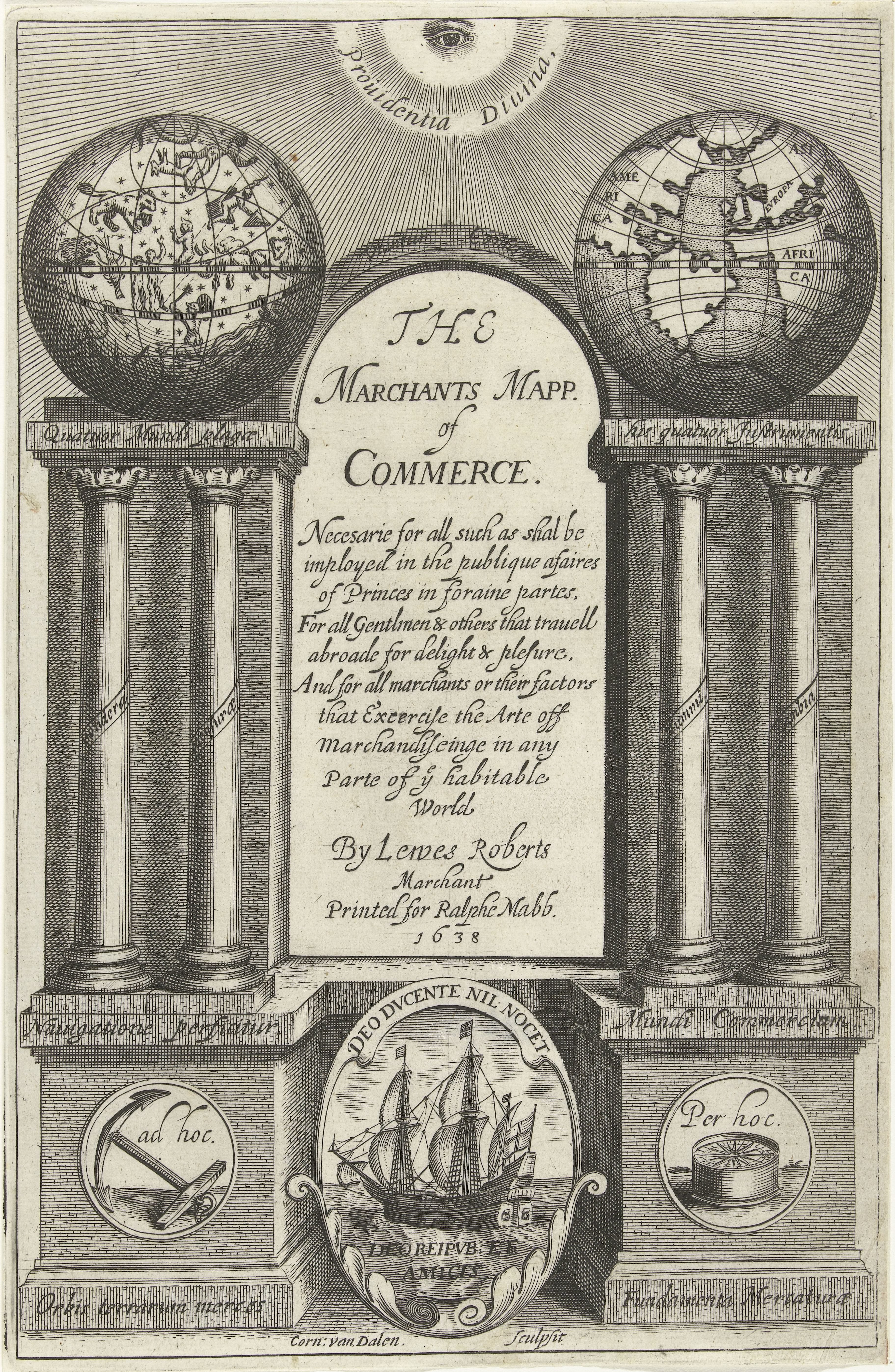 Alziend oog kijkt neer op architectuur bekroond met wereldglobe en hemelglobe op zuilen aan weerszijden van titel, twee medaillons op voetstuk met anker en kompas flankeren schild met schip