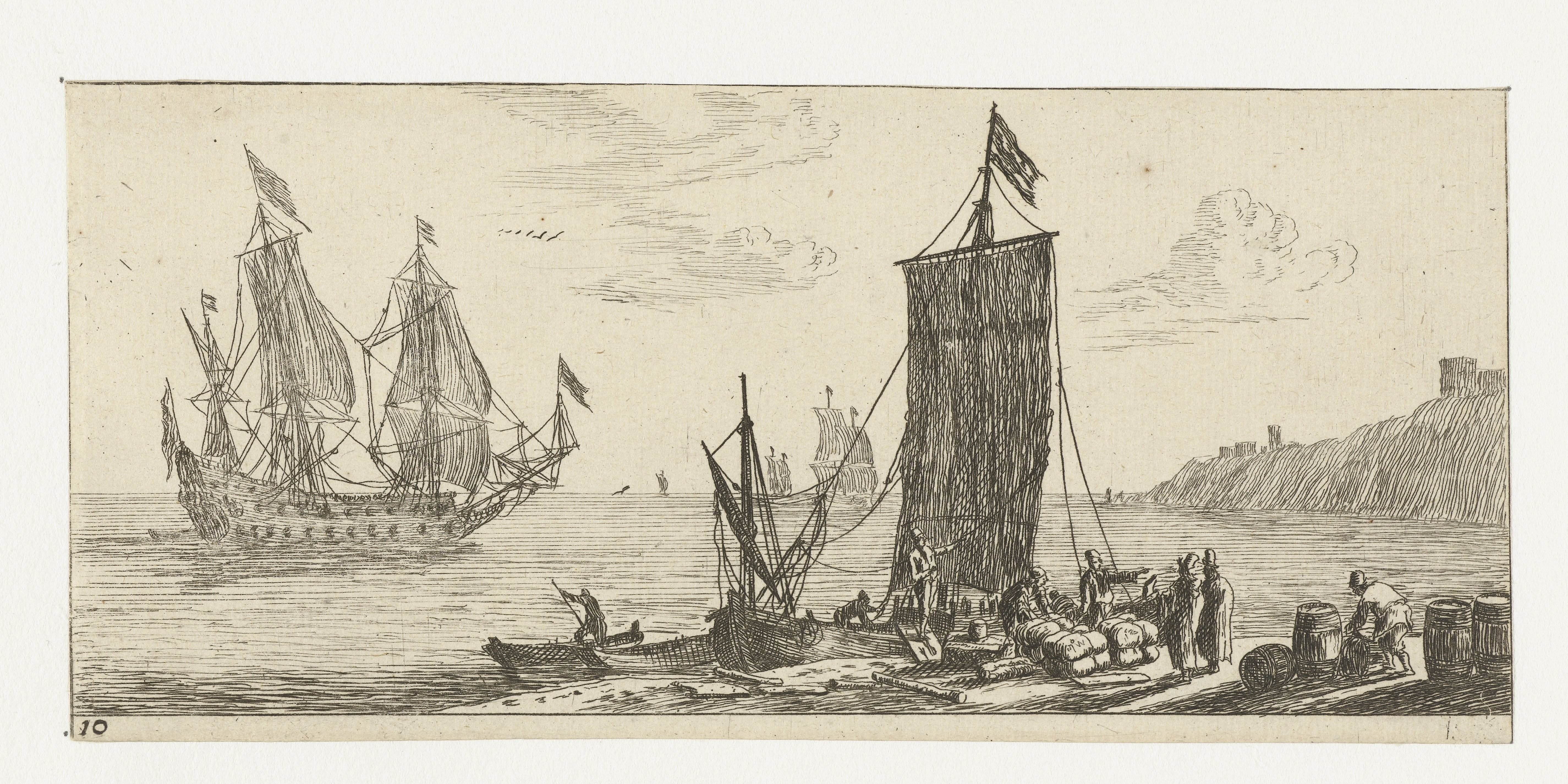 Baai met een hoeker en een oorlogsschip