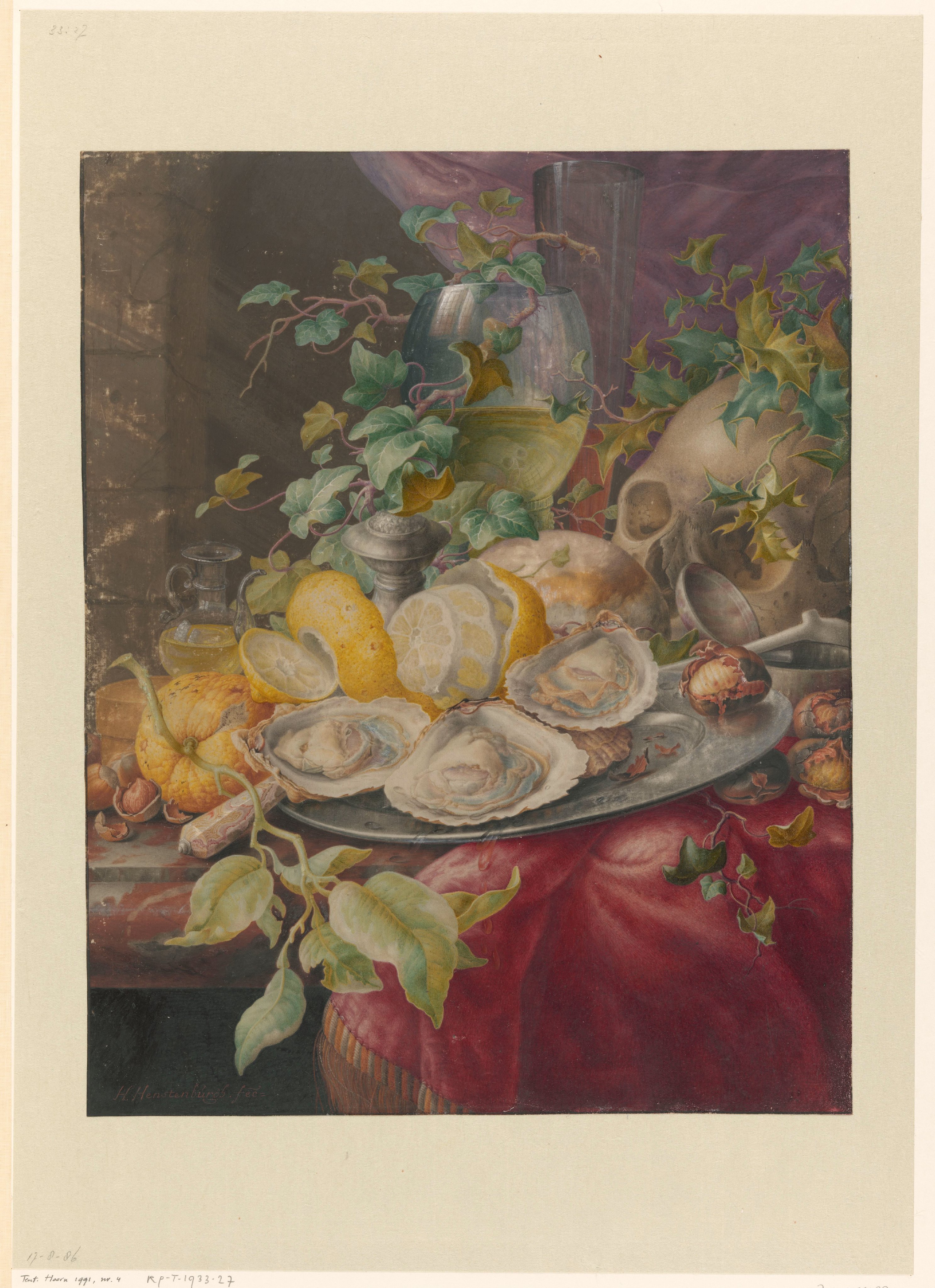 Vanitasstilleven met oesters en schedel