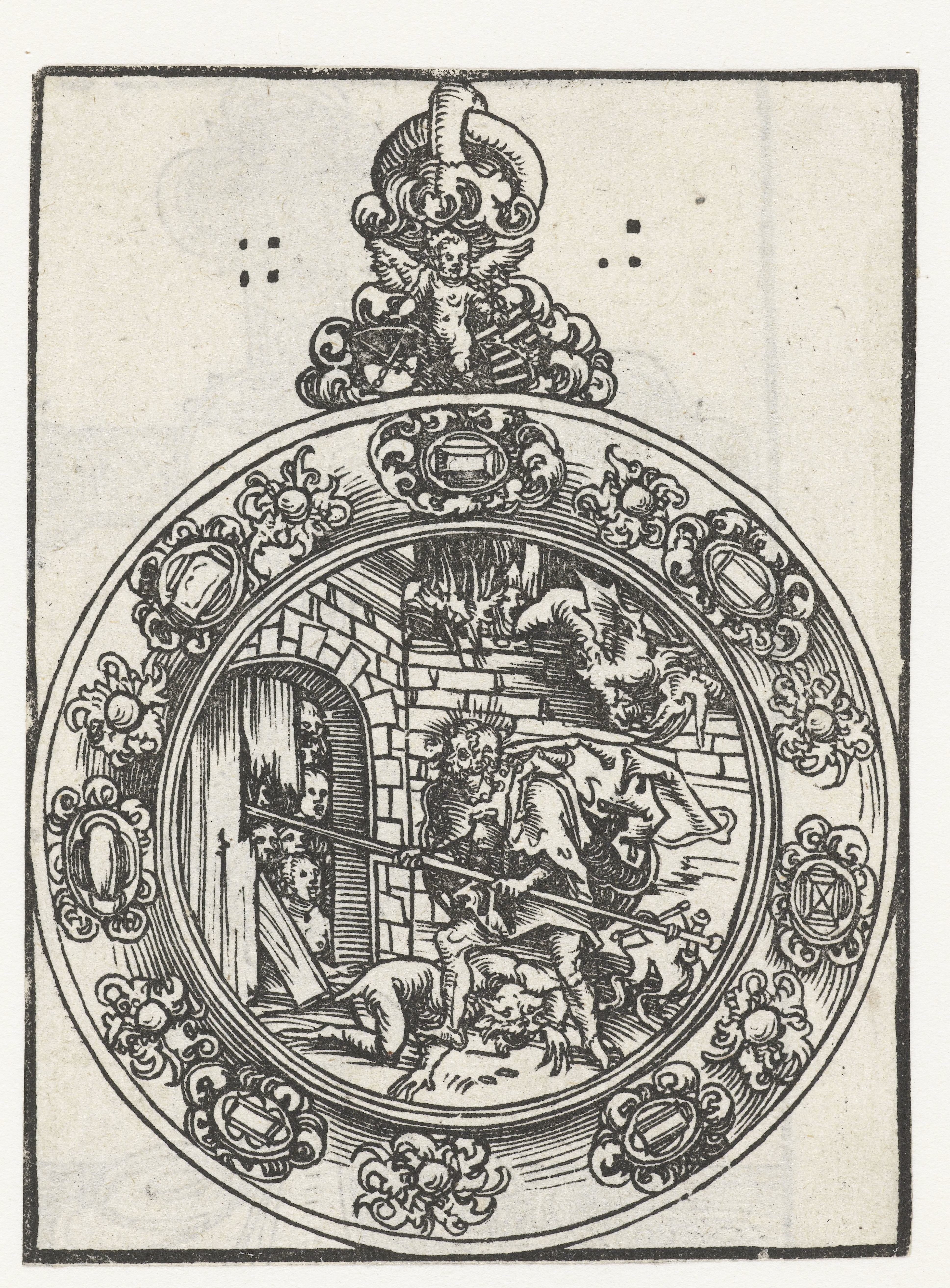 Reliekhouder in vorm van medaillon met Christus in hel