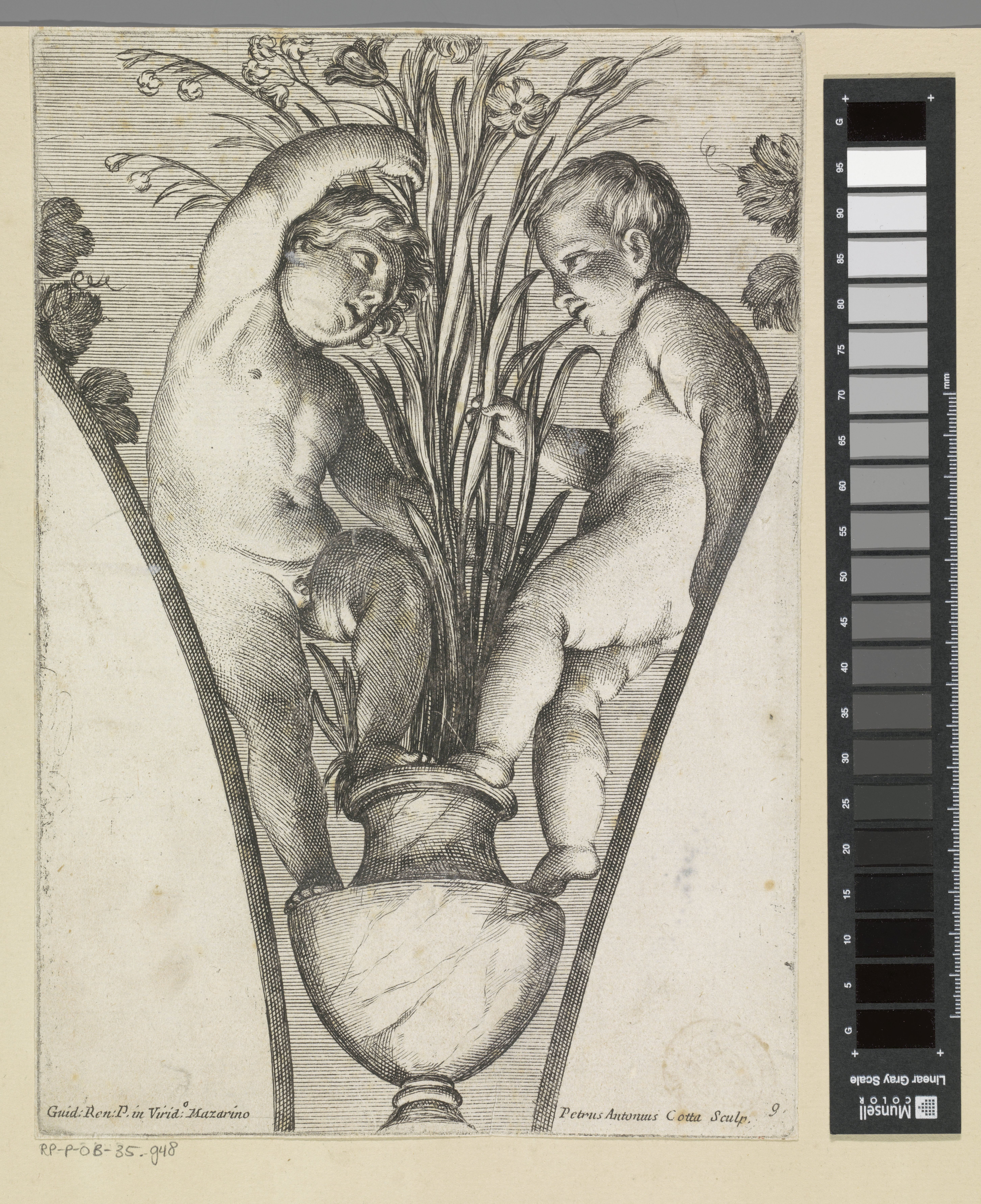 Twee putti bij een plant in pot