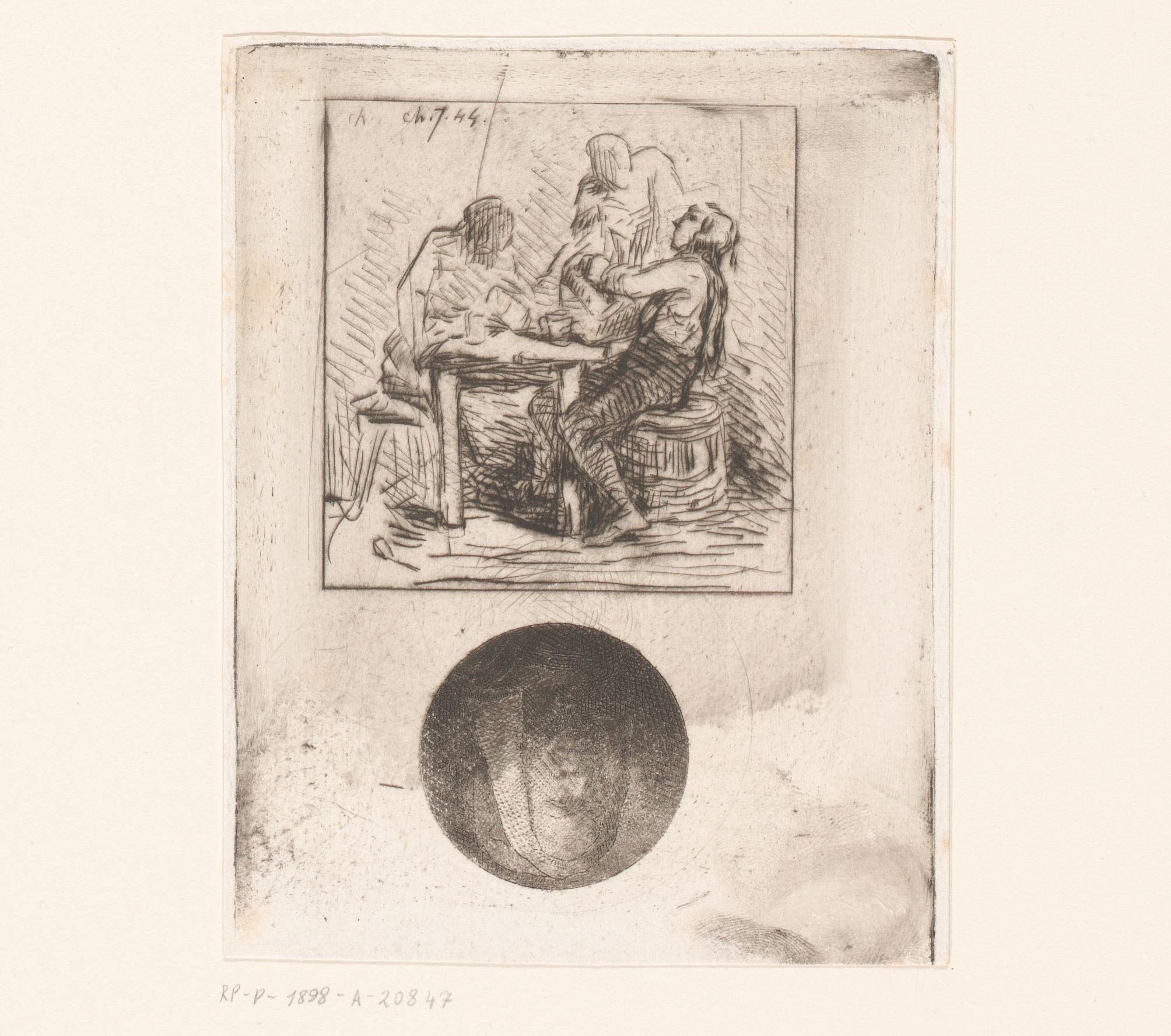 Drie figuren aan een tafel met onderaan een portret van een vrouw