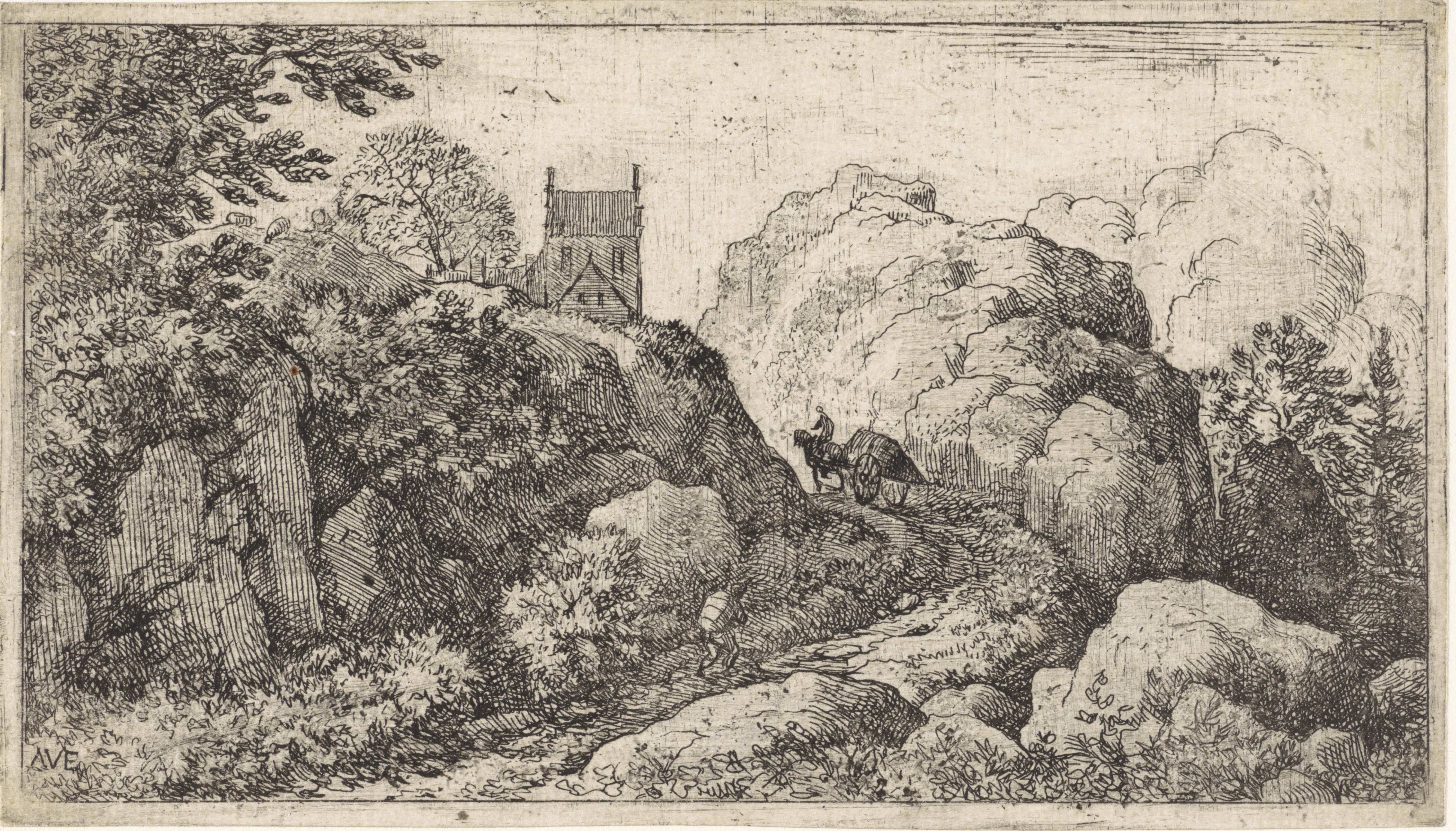 Berglandschap met paard en wagen