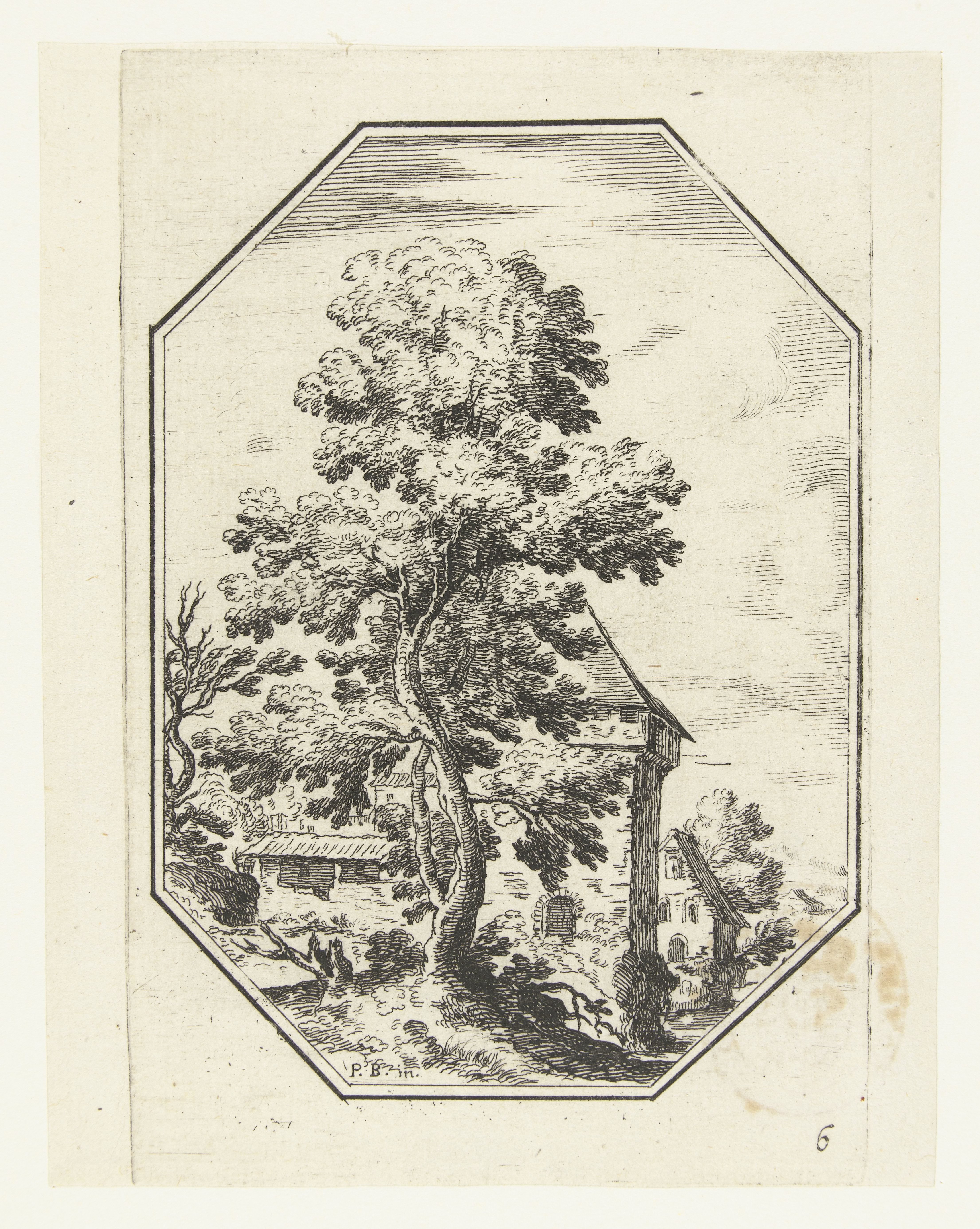Landschap met grote boom in octagonaal kader