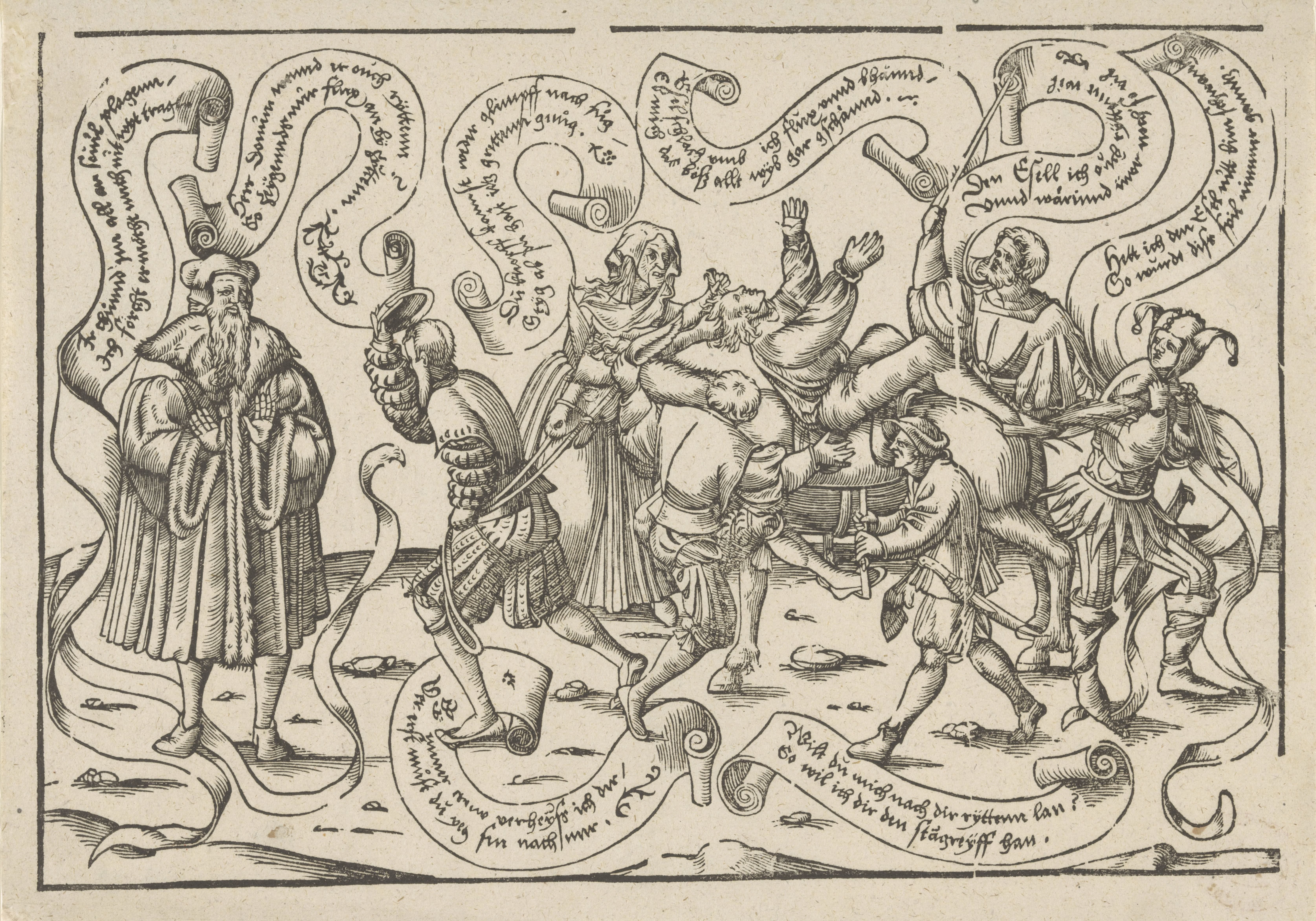 Spotprent met een man zittend op een ezel, een nar en andere figuren