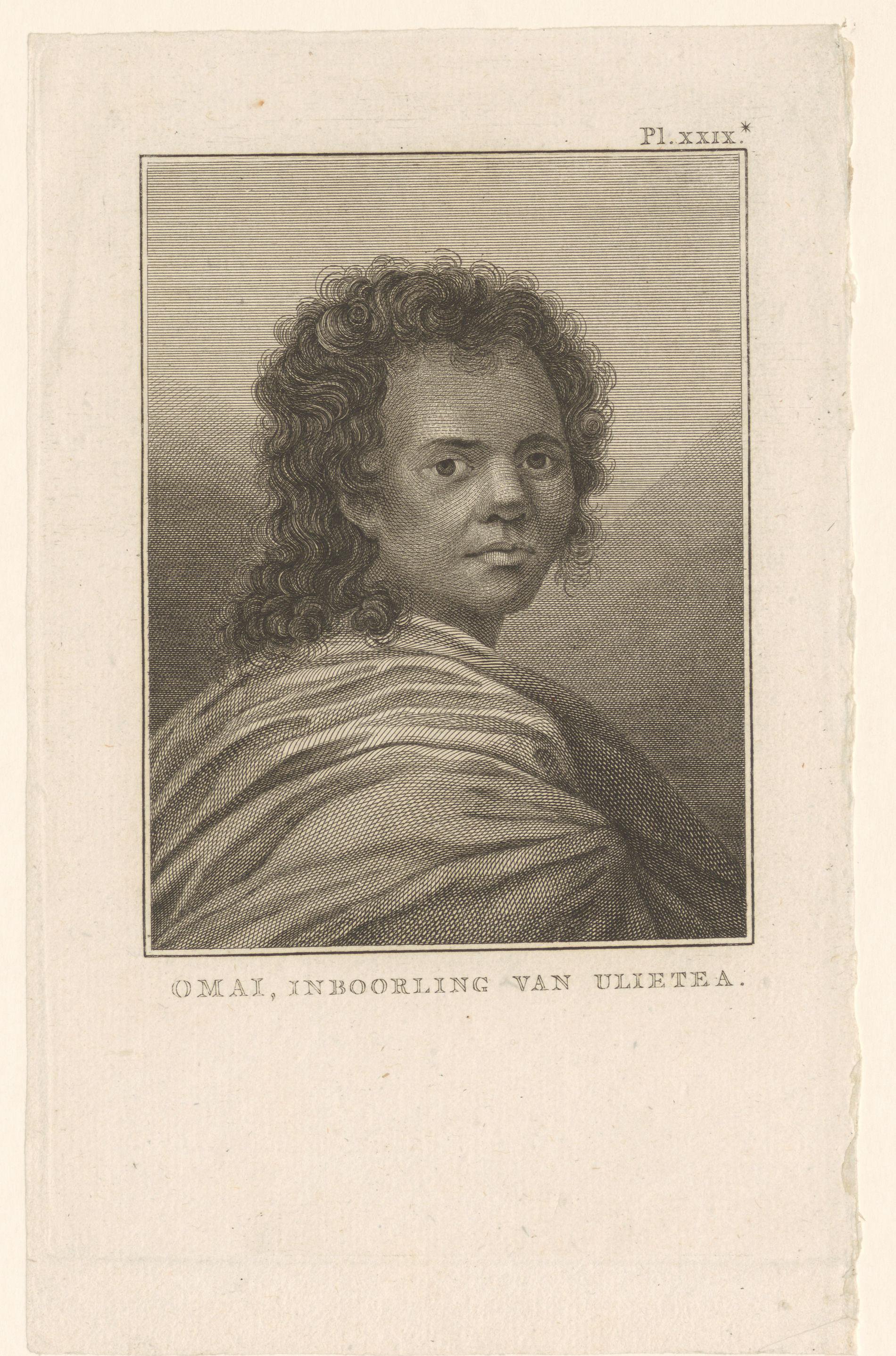 Portret van Omai, bewoner van het eiland Raiatea in Frans-Polynesië