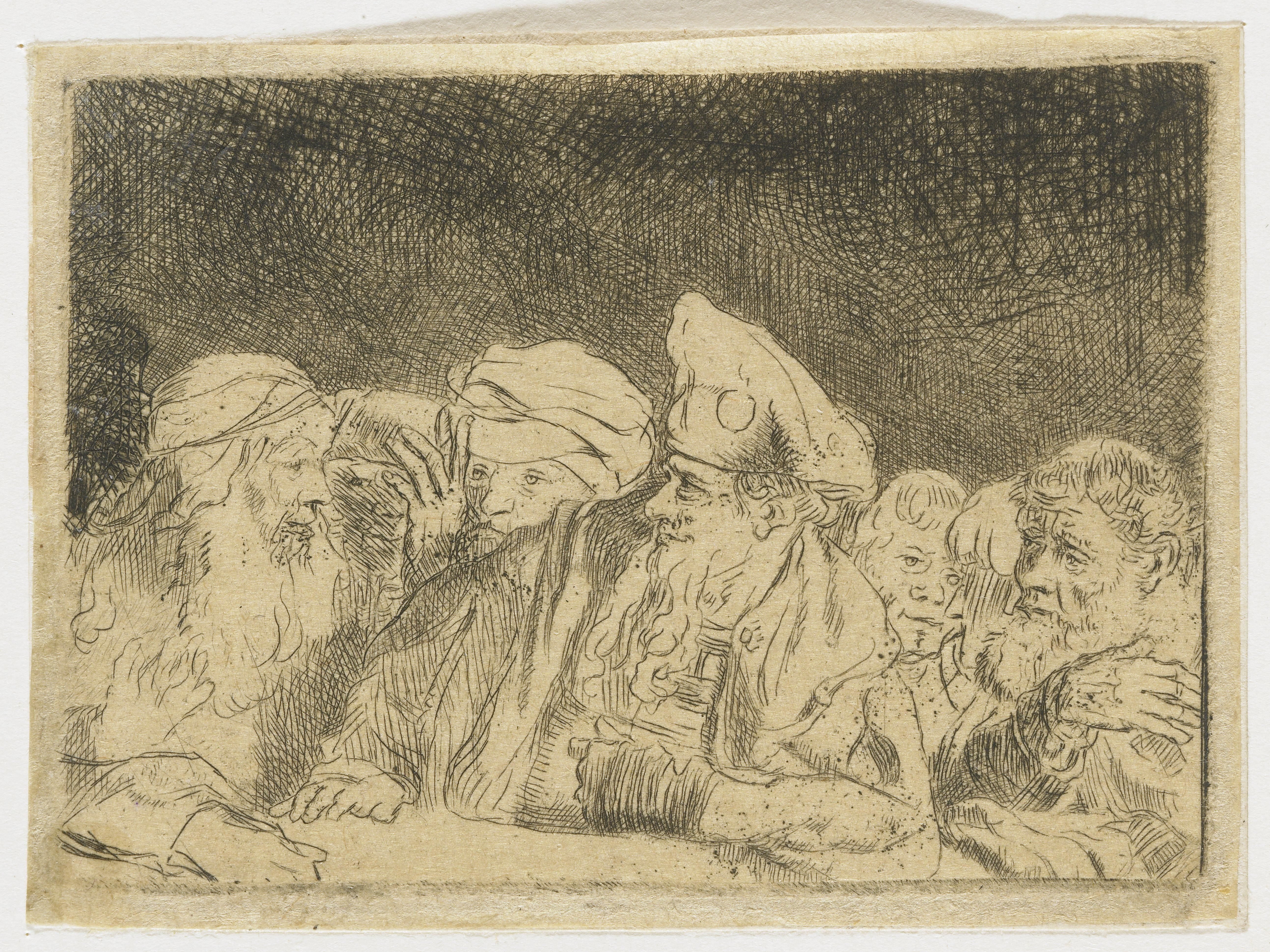 The Hundred Guilder Print: the figures leaning on the wall in the centre left