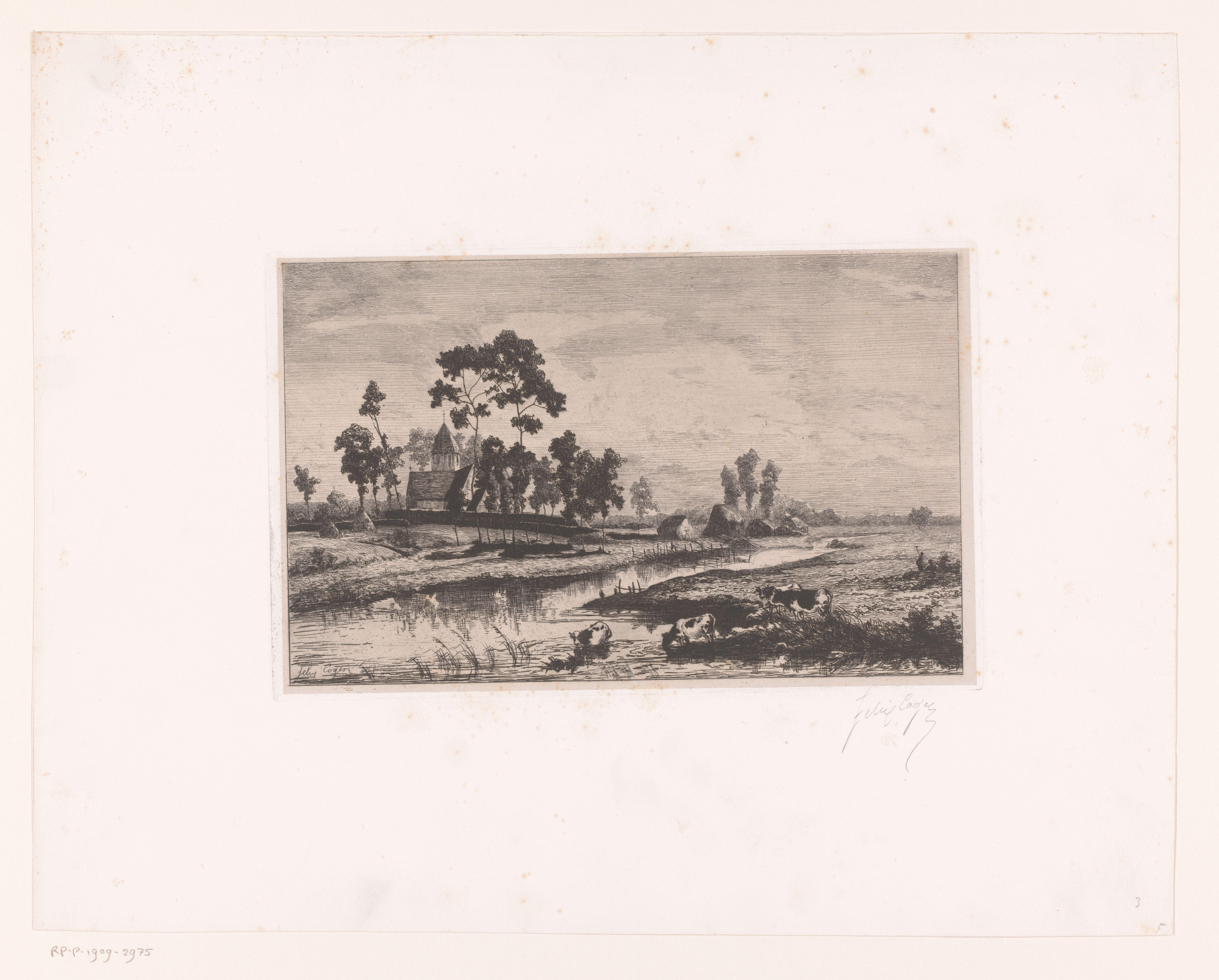Waterrijk landschap met een kerk en koeien langs de oever
