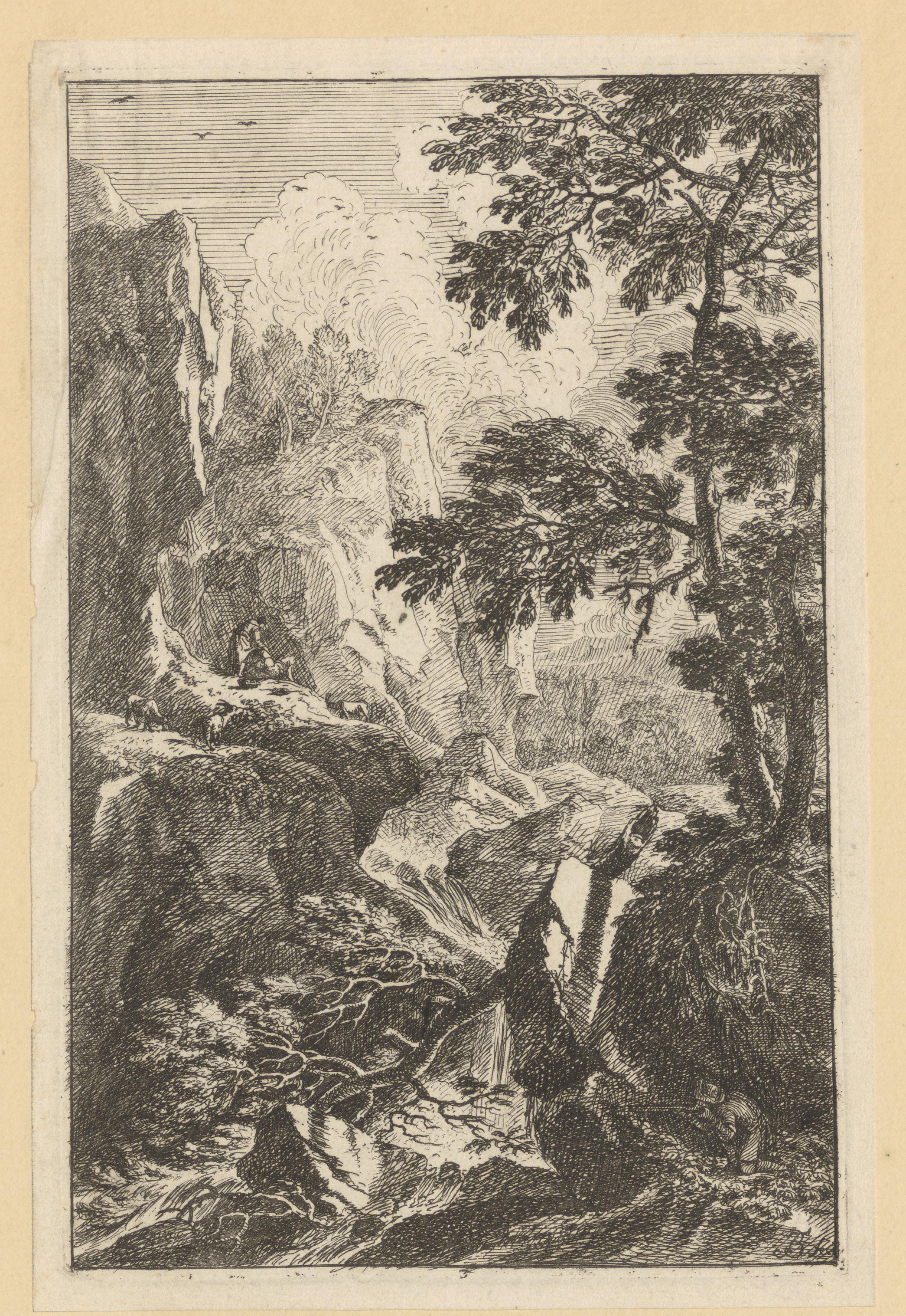 Rotsachtig landschap met rechts op de voorgrond een jager