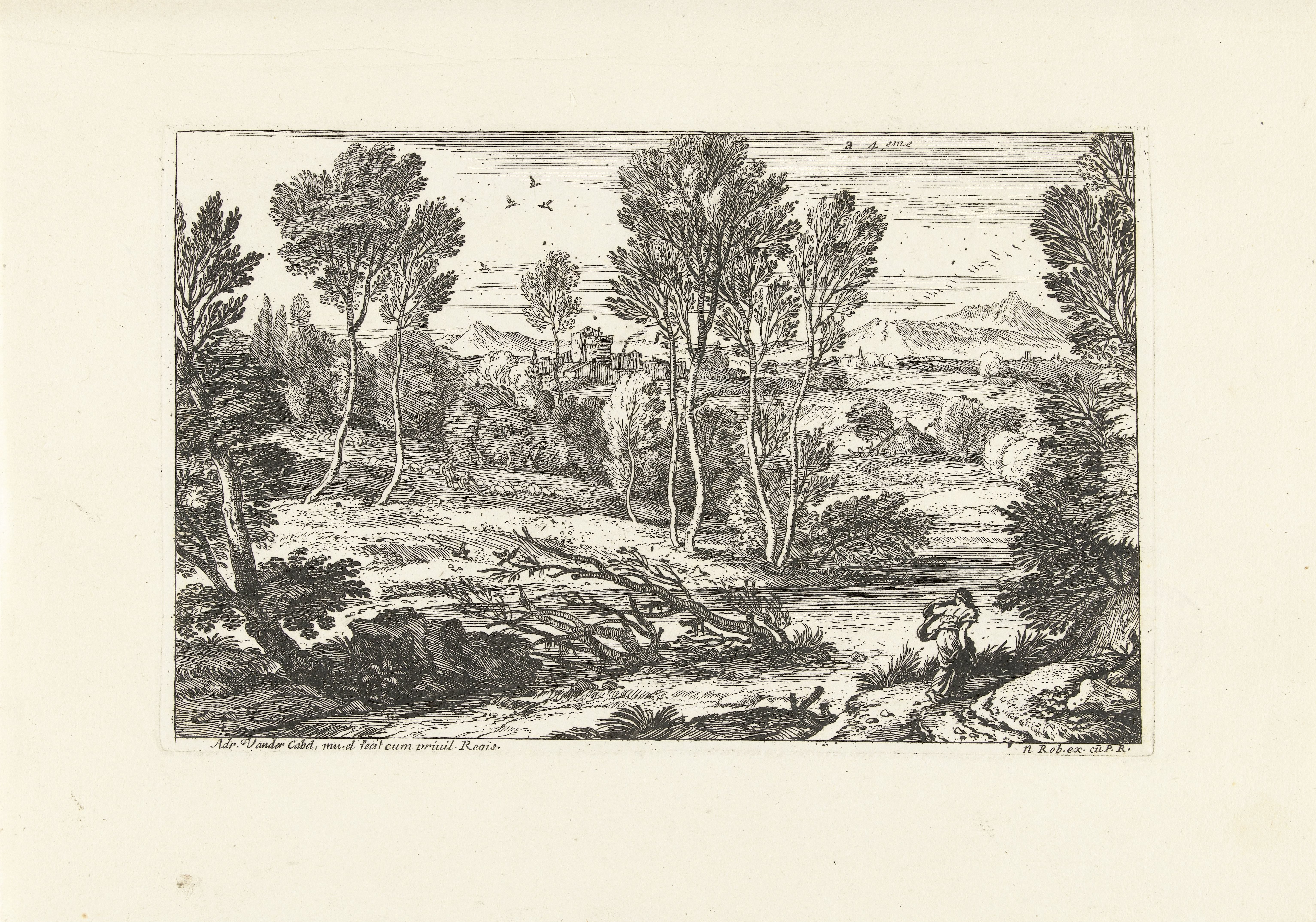 Landschap met vrouw lopend langs rivier