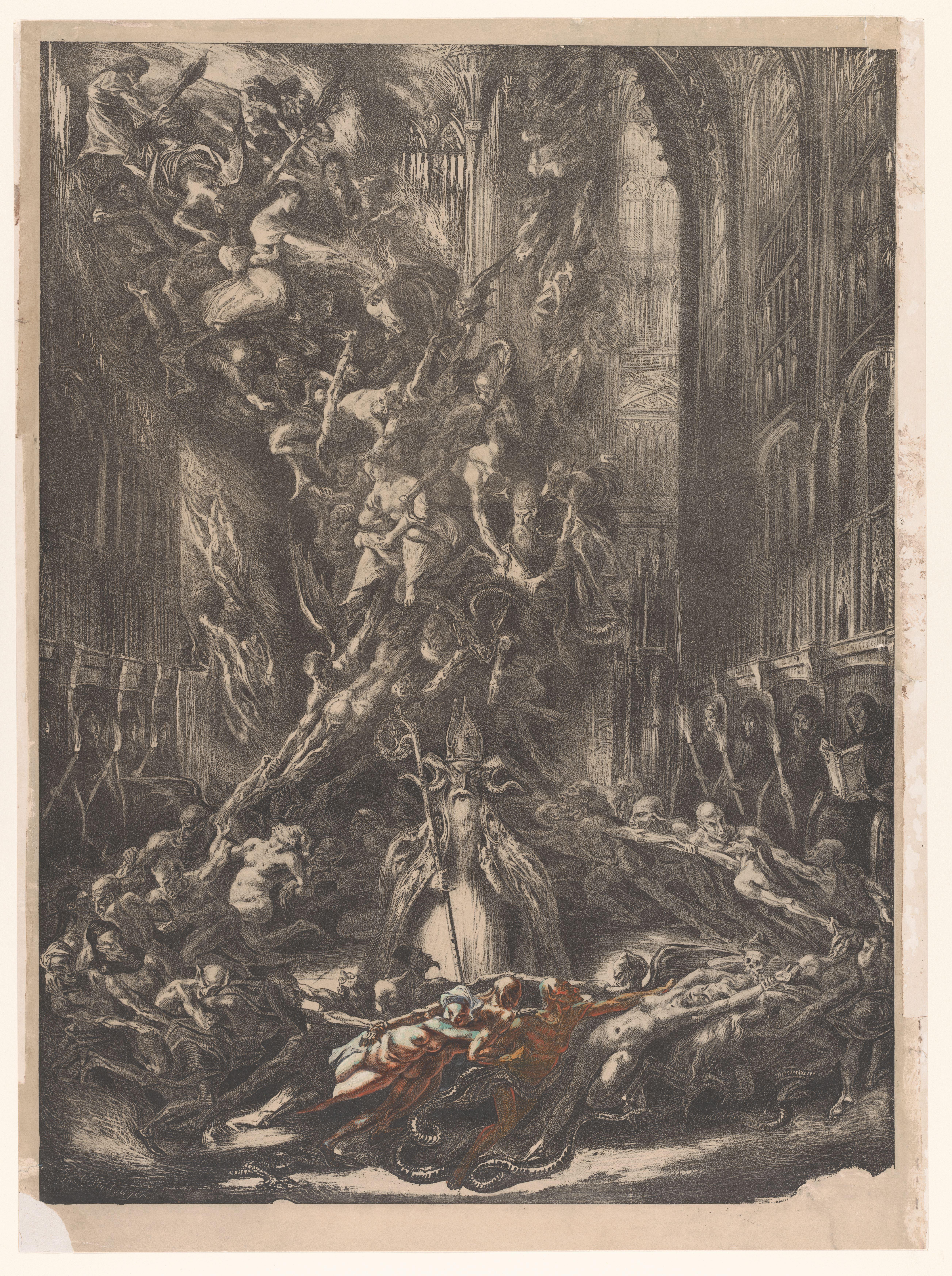 Satan met demonen in een gotische kathedraal