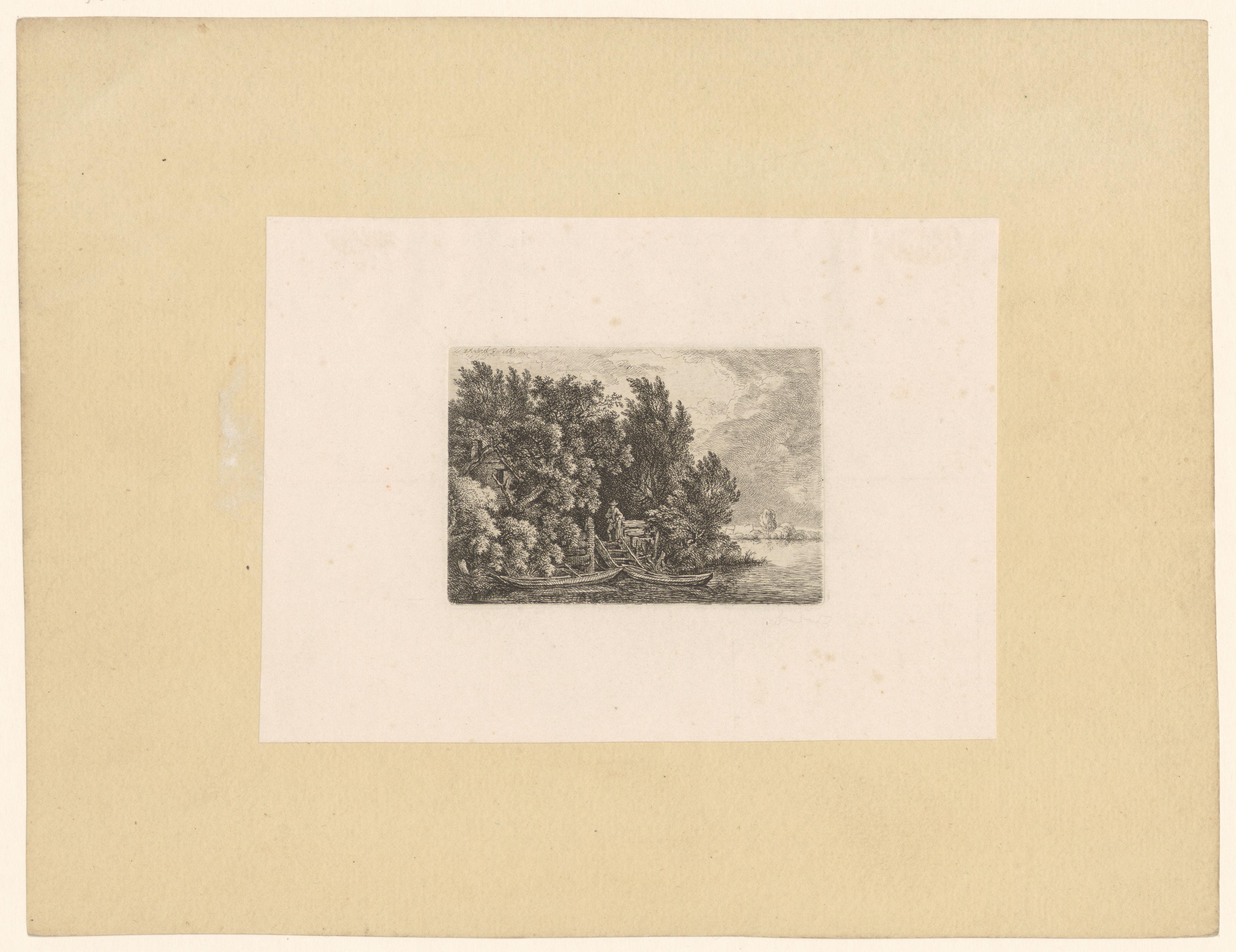 Landschap met twee aangemeerde boten
