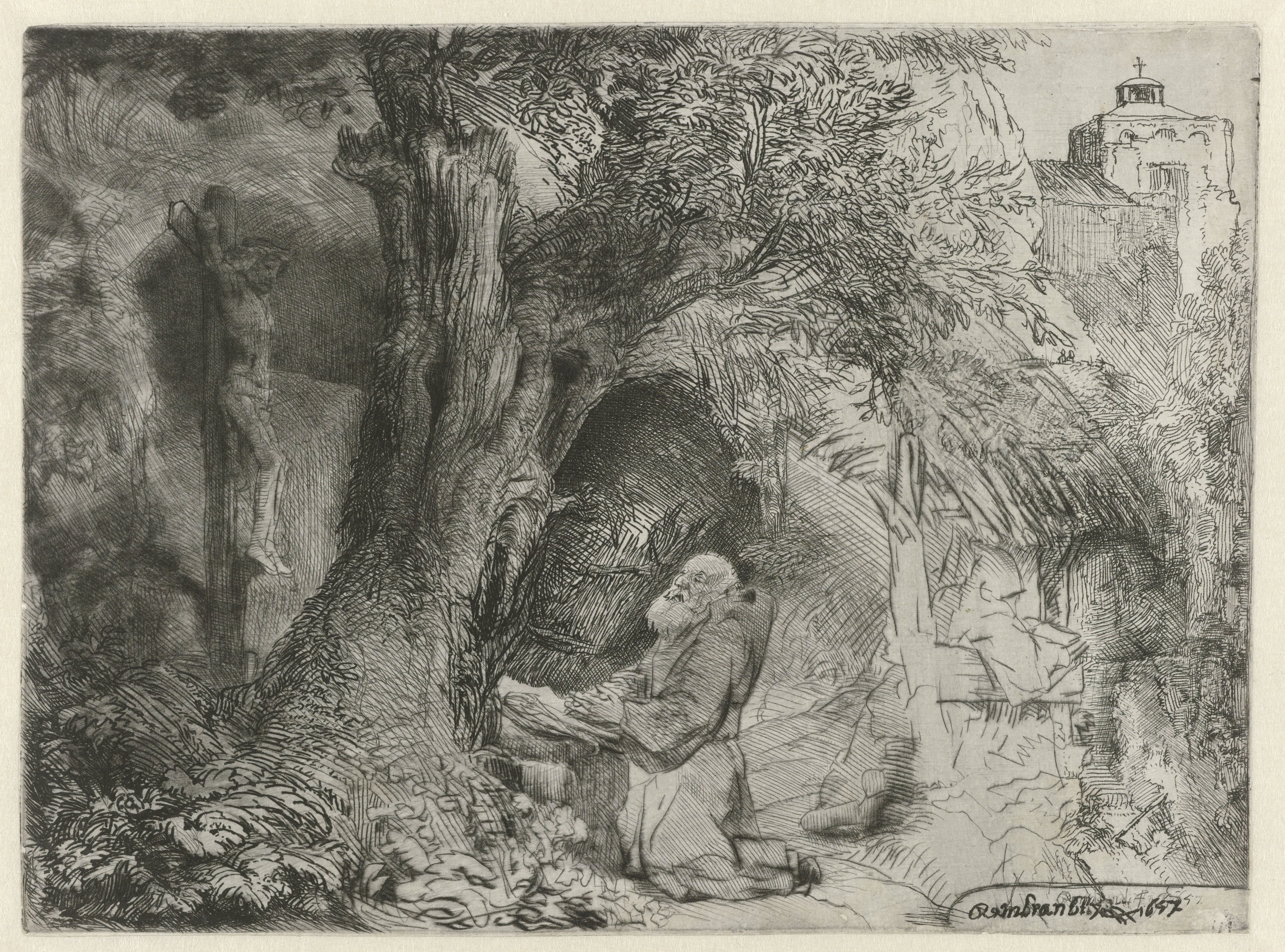 Franciscus knielend in gebed onder een boom