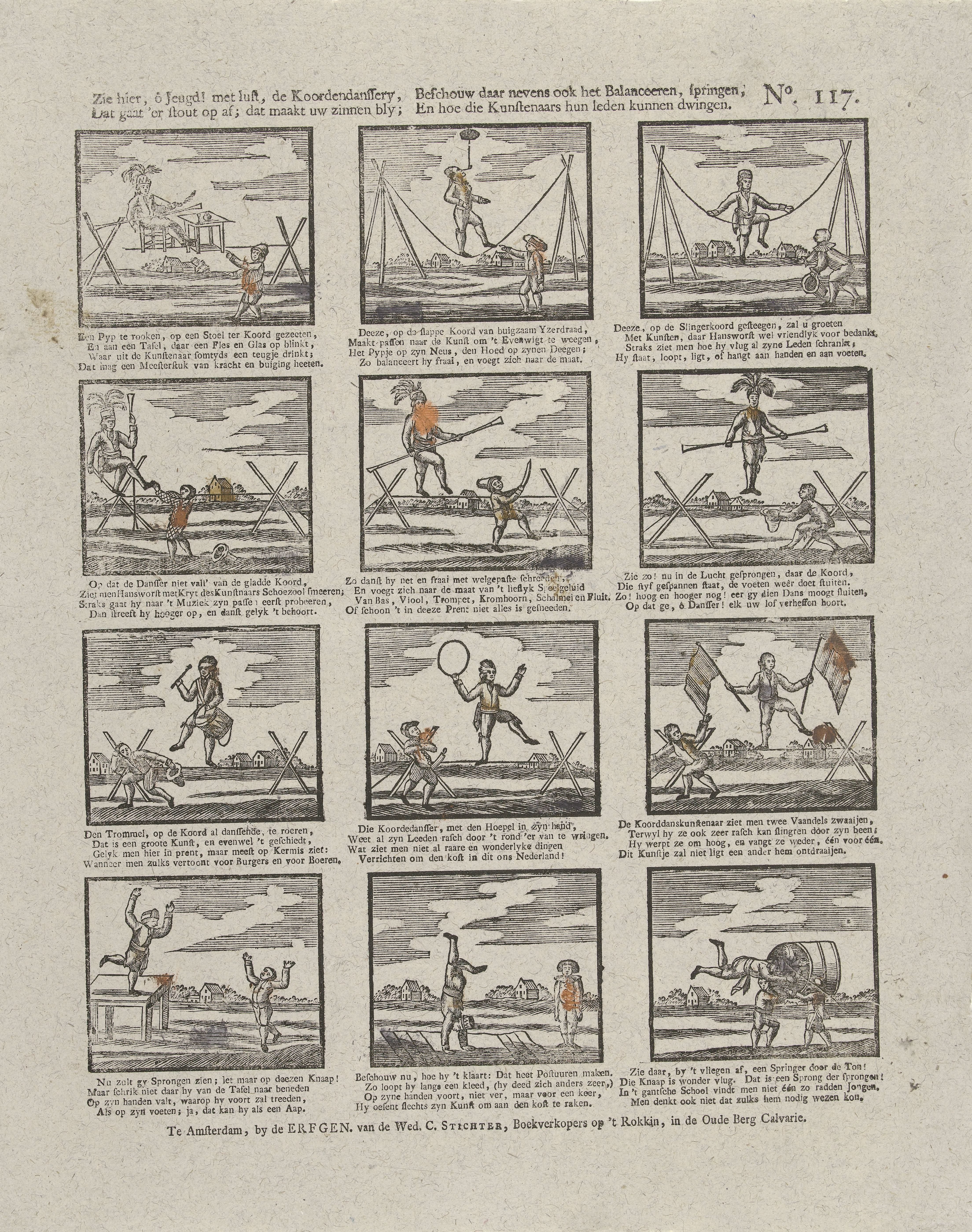 Zie hier, ô jeugd! met lust, de koordendanssery, / Dat gaat 'er stout op af; dat maakt uw zinnen bly; / Beschouw daar nevens ook het balanceeren, springen, / En hoe die kunstenaars hun leden kunnen dwingen