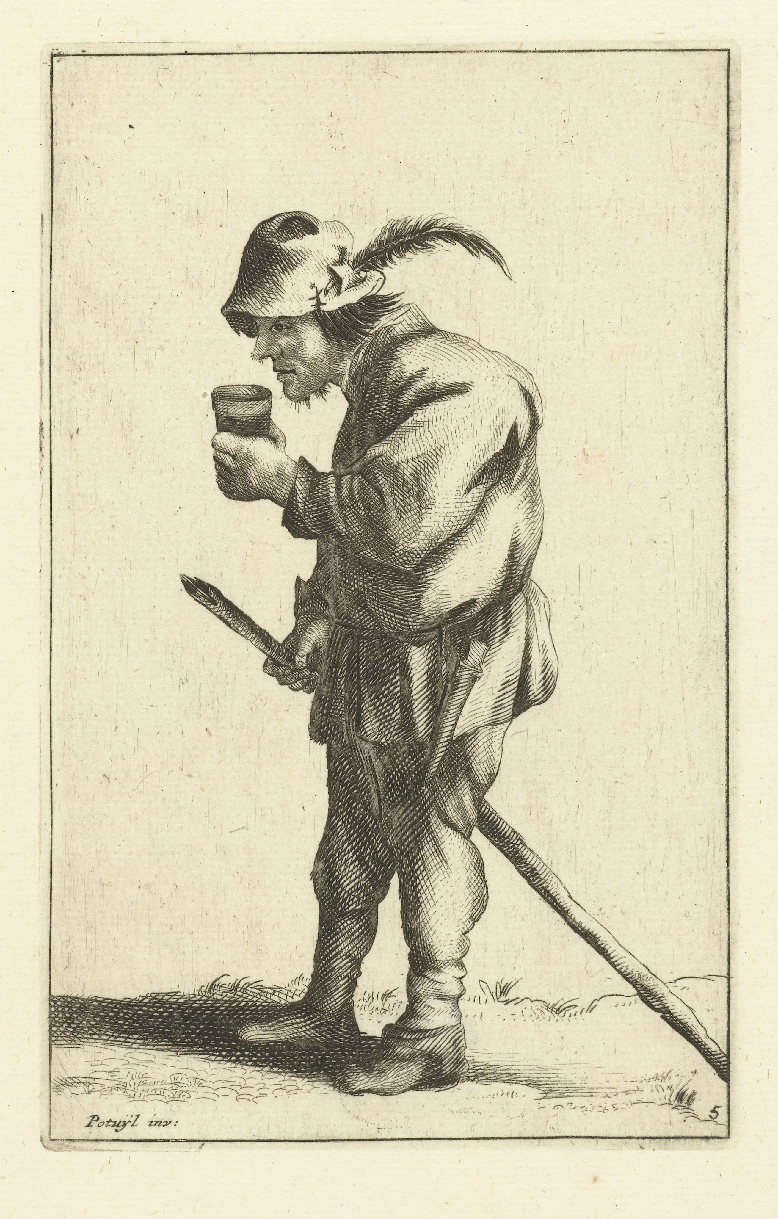 Boer met glas in de hand en stok