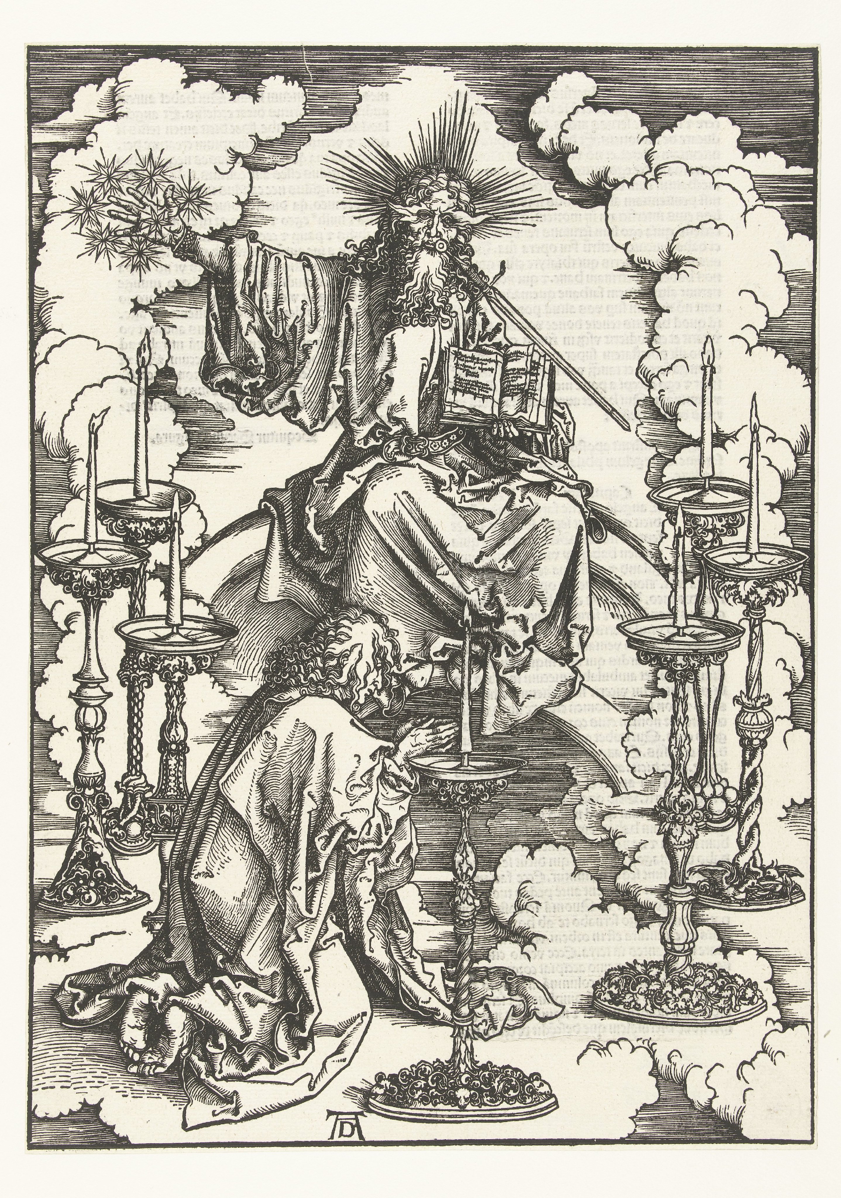 Johannes de Evangelist knielt voor Christus temidden van zeven kandelaars
