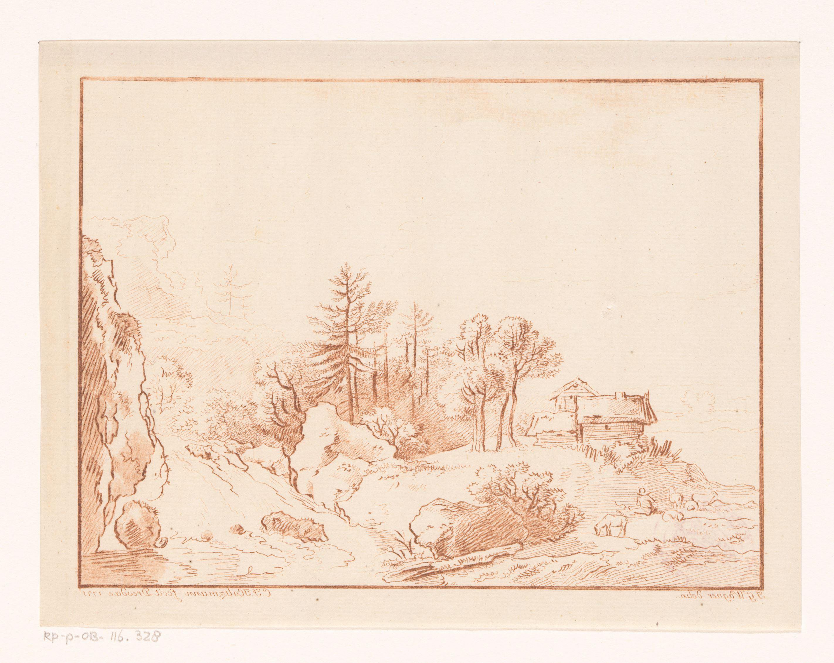 Heuvellandschap met herder bij een hut en waterval