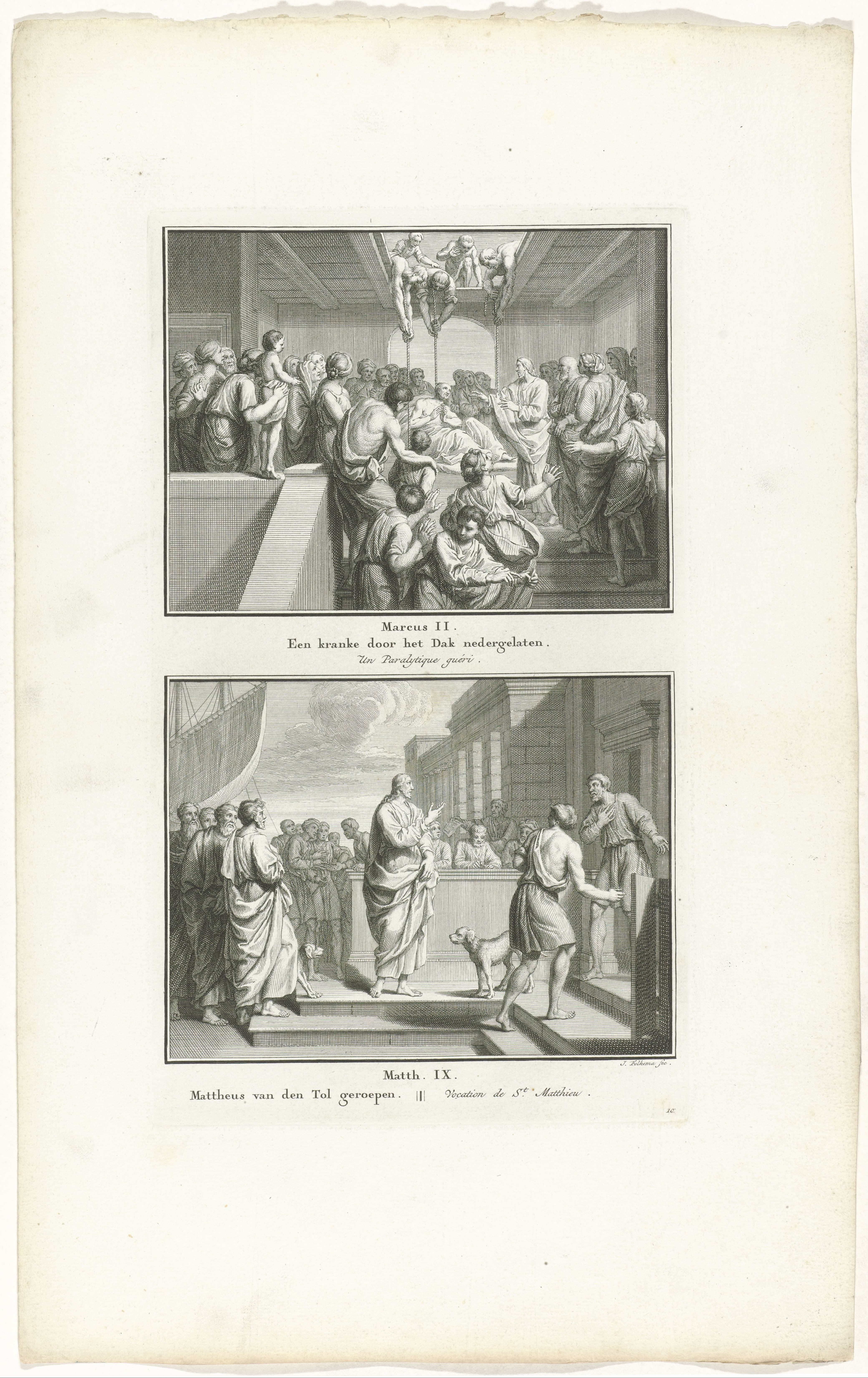 Christus geneest een verlamde man die door het dak werd neergelaten en de roeping van Mattheus