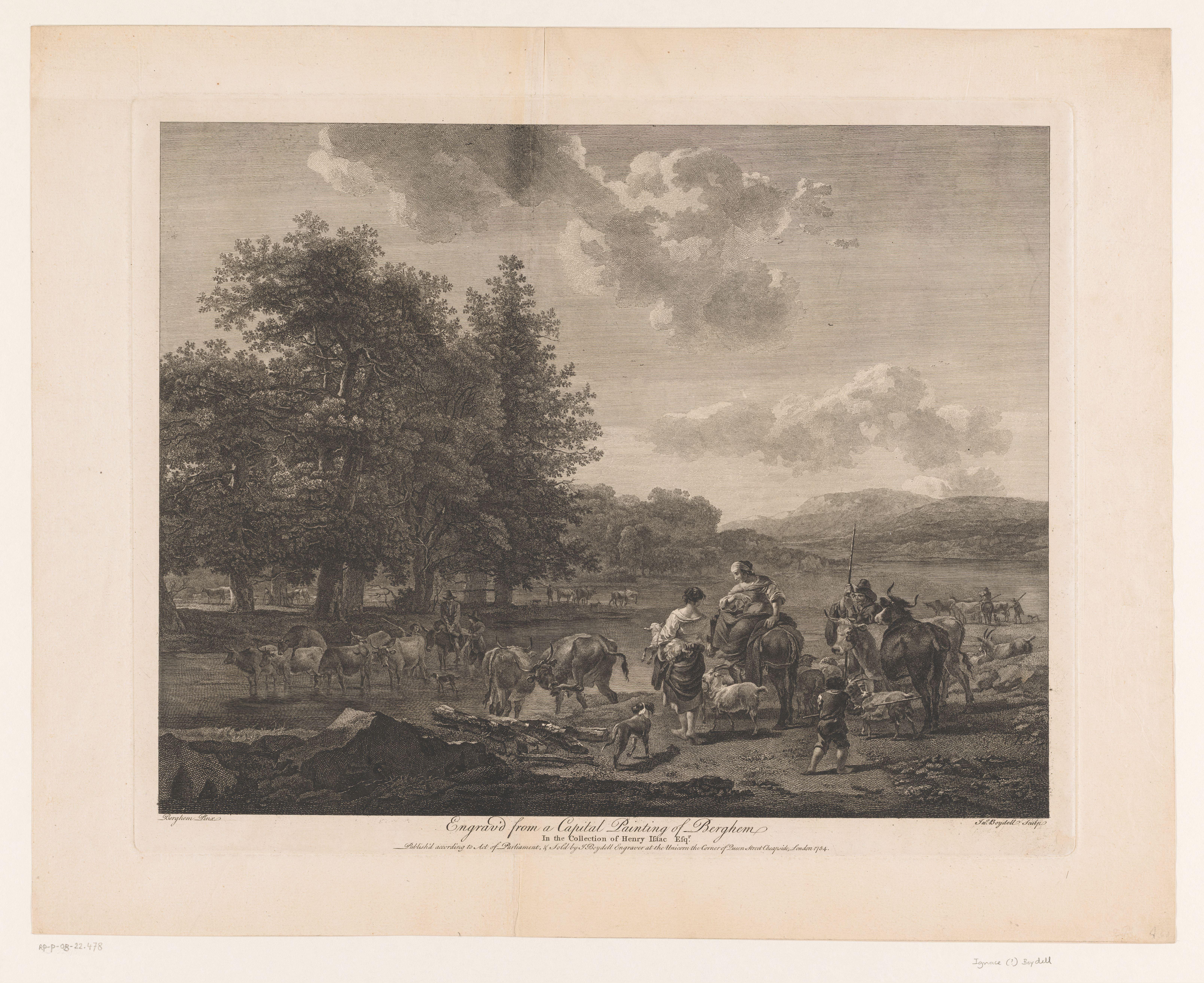 Landschap met herders en vee bij een rivier