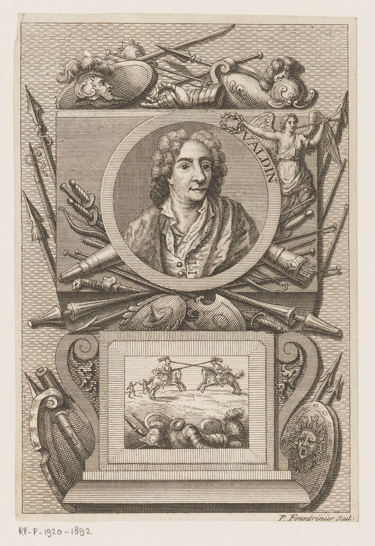 Portret van een onbekende man, mogelijk Valdin, in een cartouche met wapens
