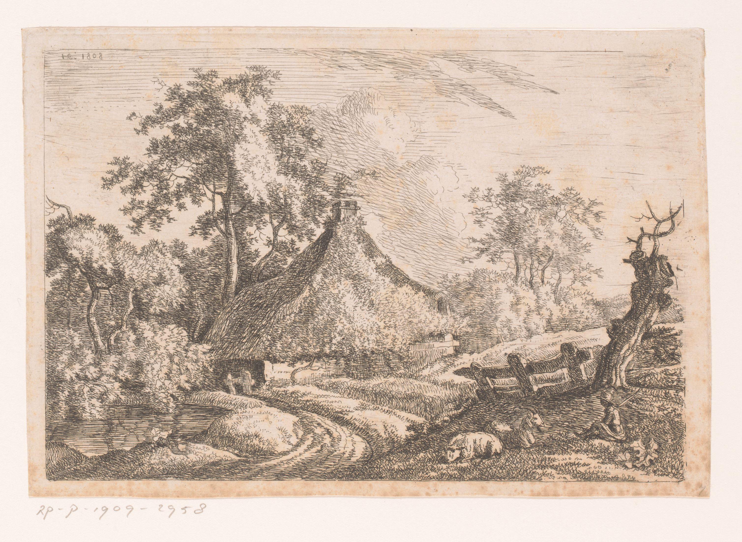 Landschap met boerderij en weide met vee