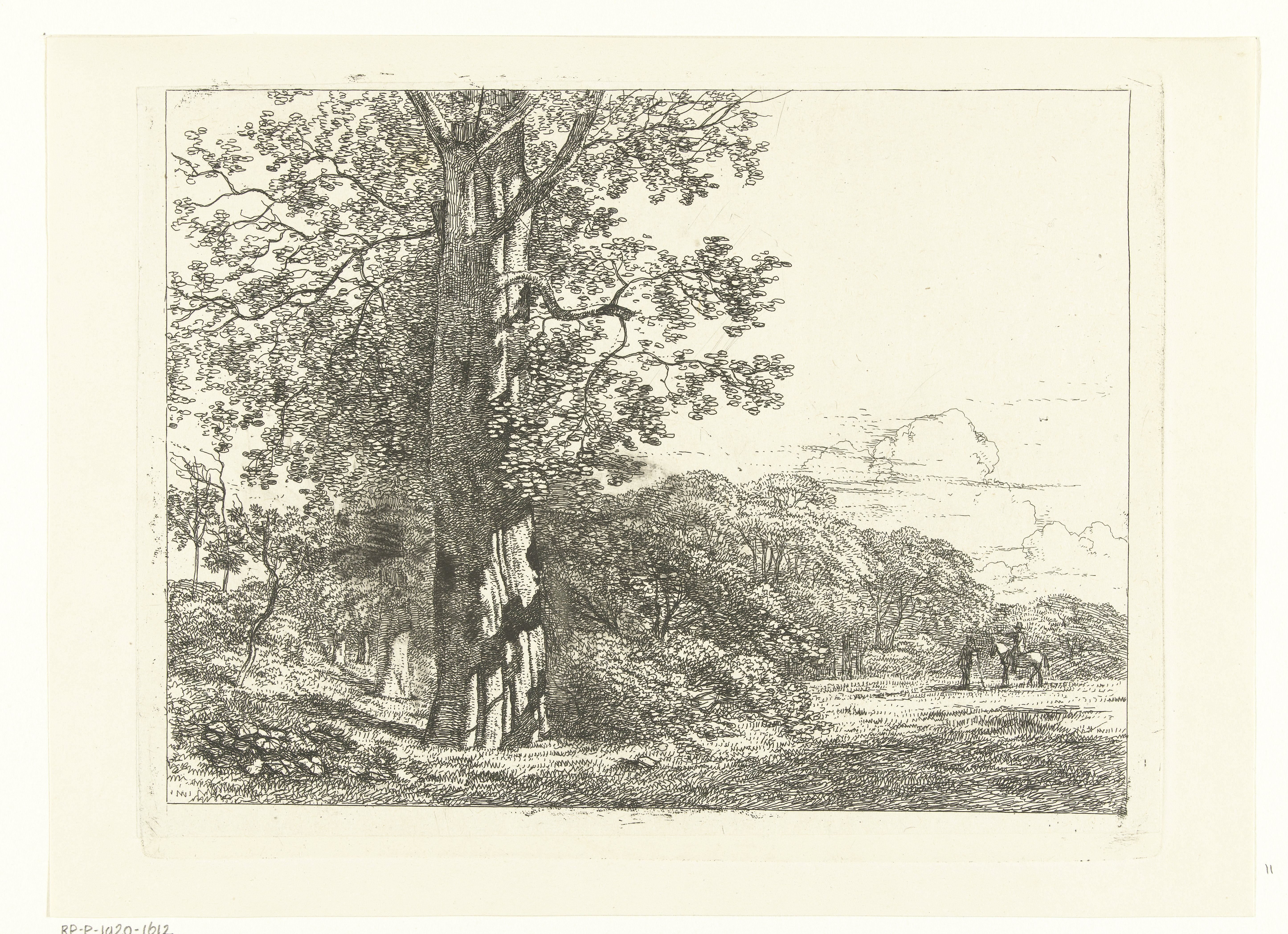 Landschap met grote beukeboom en ruiter in gesprek met man