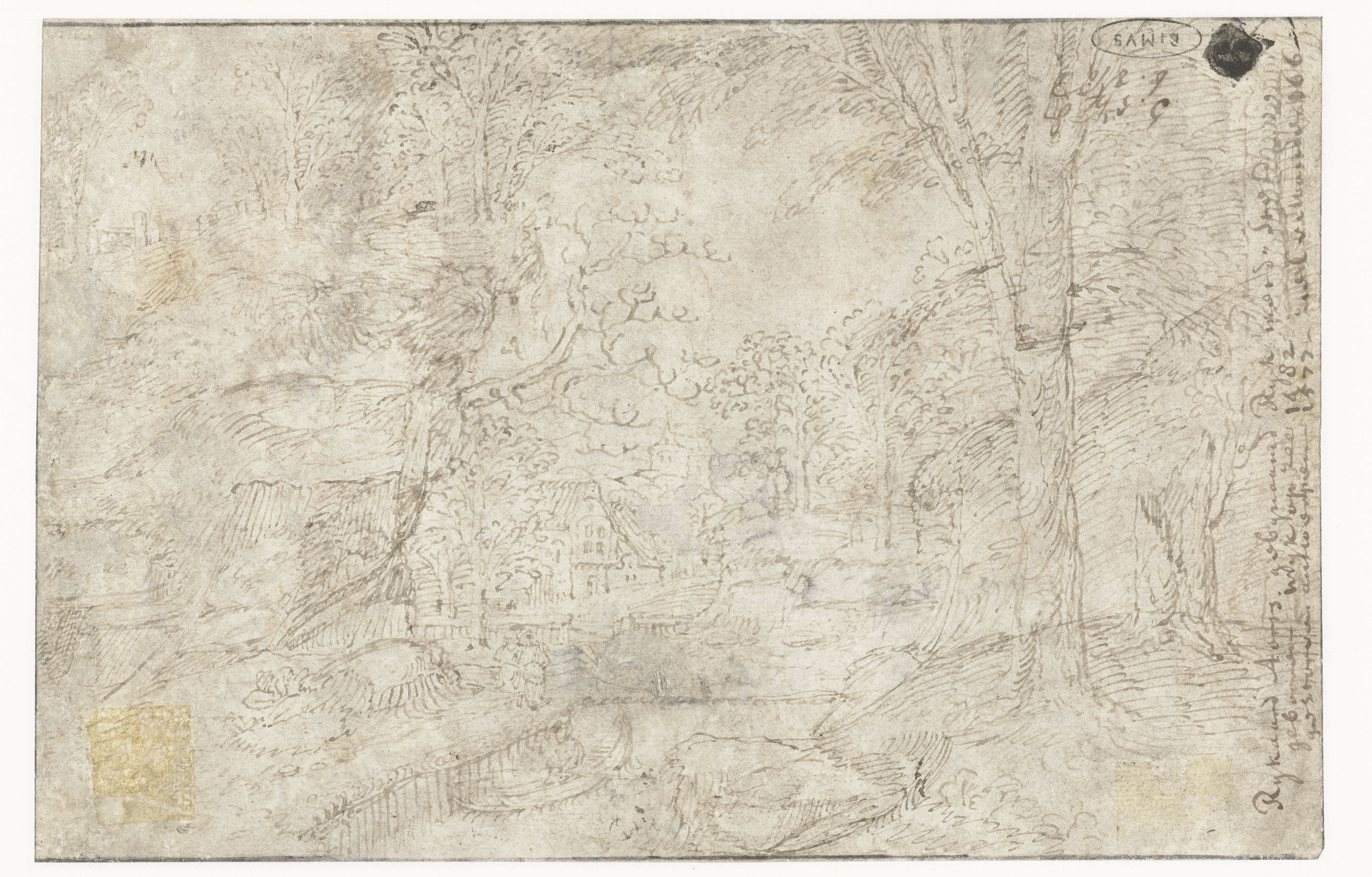 Heuvelachtig landschap met boerderij en rivier